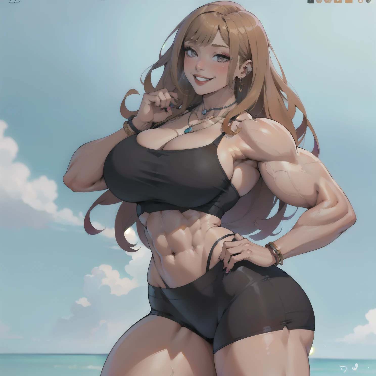 1girl,masterpiece , best quality,highres,  4k, Marin kitagawa, character in gym wear,long fluffy voluptuous hair,makeup,fashionable,necklace,jewelry,smiling,happiness radiant,posing sexy,muscular woman,bodybuilder