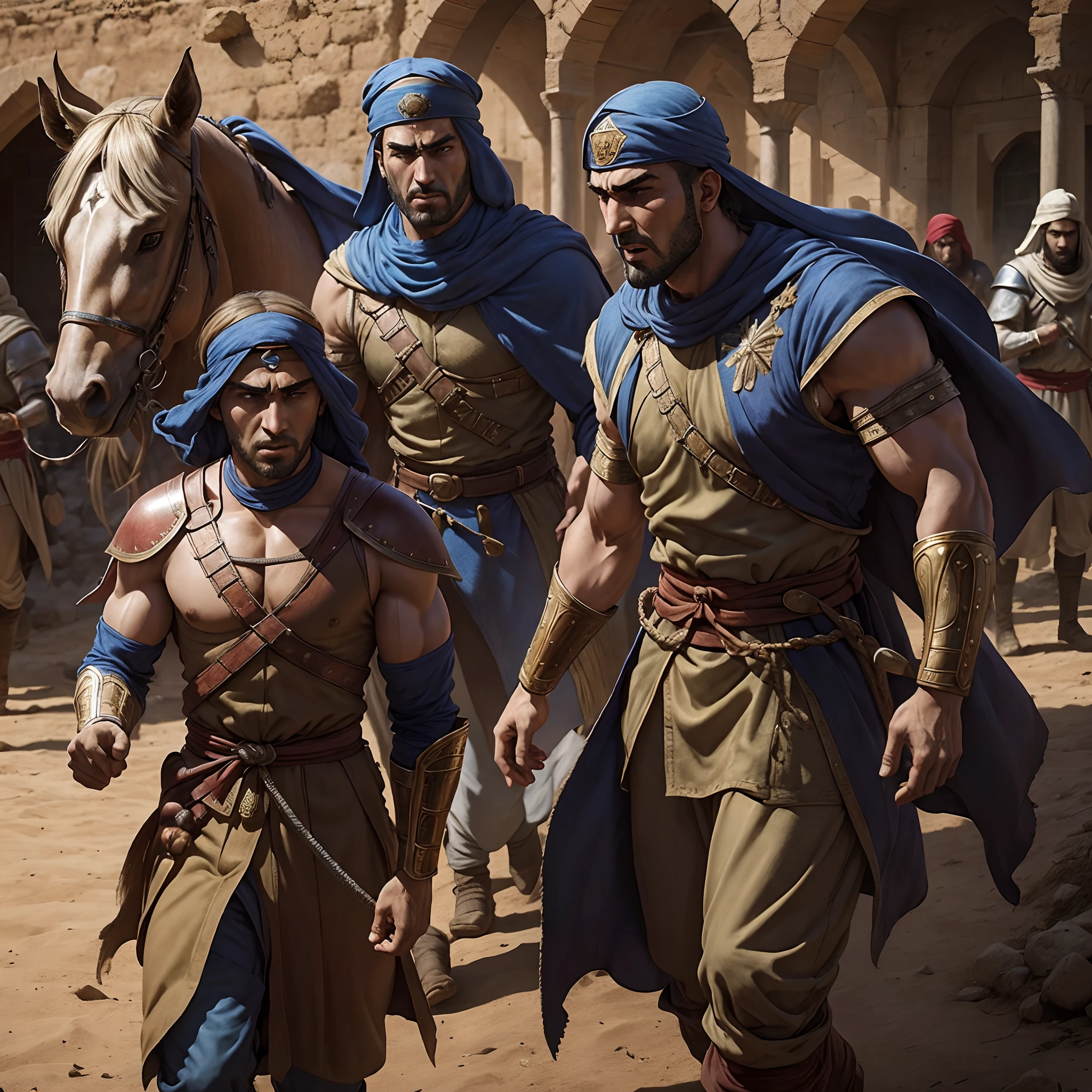 The Fascinating History of a Medieval Moroccan Islamic War, hokuto no ken style Highlighting key battles, Strategies, and the heroes who emerged during this historic conflict. Donner vie au courage, determination, The Epic Battlefield Drama and Its Impact on History."Super Réaliste Super Détaillé super detailed faces hyper realistic expressions correct Anatomy