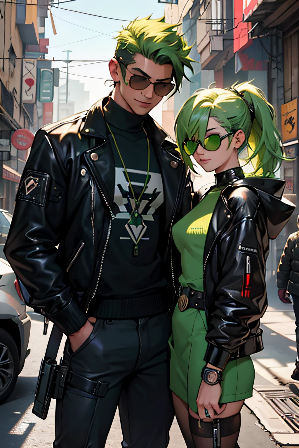 corpo masculino, magro, cabelo curto, Young boy with green hair and various technological gadgets, He has a pistol in his right hand, Slight smile as he adjust a pair of sunglasses. Estilo cyberpunk, roupas pretas, alone