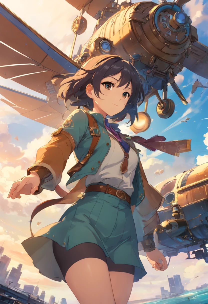 estilo de sombra chinesa,Mundo Steampunk,Girl piloting steampunk flying machine,Suspenso no ar da cidade,nuvens espessas,Shadow Animation Art,Arte em quadrinhos a sombra,water ink,sombra,mancha,8k,Delicadamente retratado,Obras de mestres,