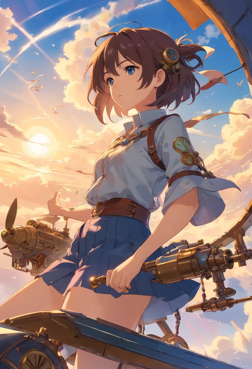 estilo de sombra chinesa,Mundo Steampunk,Girl piloting steampunk flying machine,Suspenso no ar da cidade,nuvens espessas,Shadow Animation Art,Arte em quadrinhos a sombra,water ink,sombra,mancha,8k,Delicadamente retratado,Obras de mestres,
