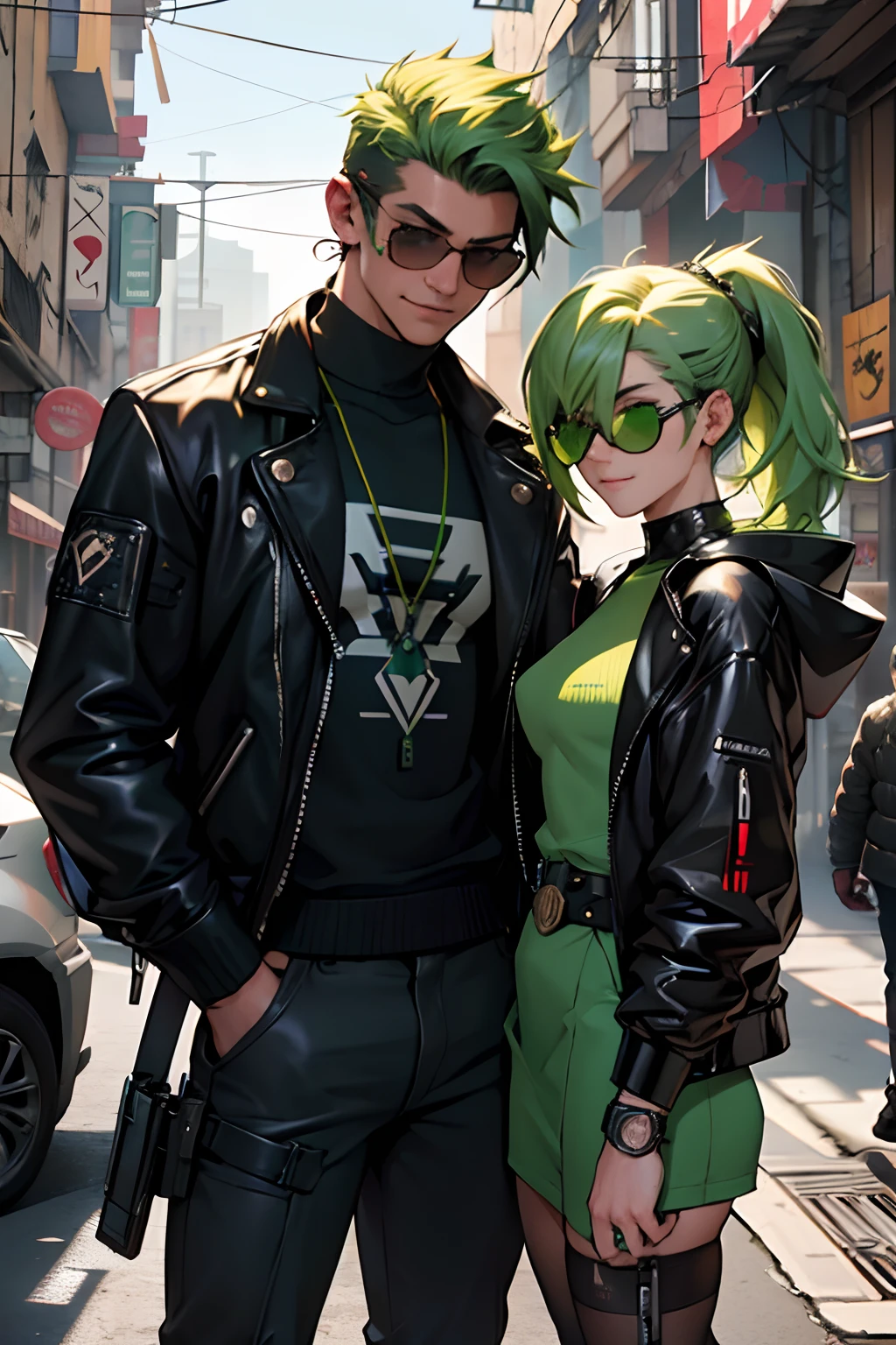 corpo masculino, magro, cabelo curto, Young boy with green hair and various technological gadgets, He has a pistol in his right hand, Slight smile as he adjust a pair of sunglasses. Estilo cyberpunk, roupas pretas, alone