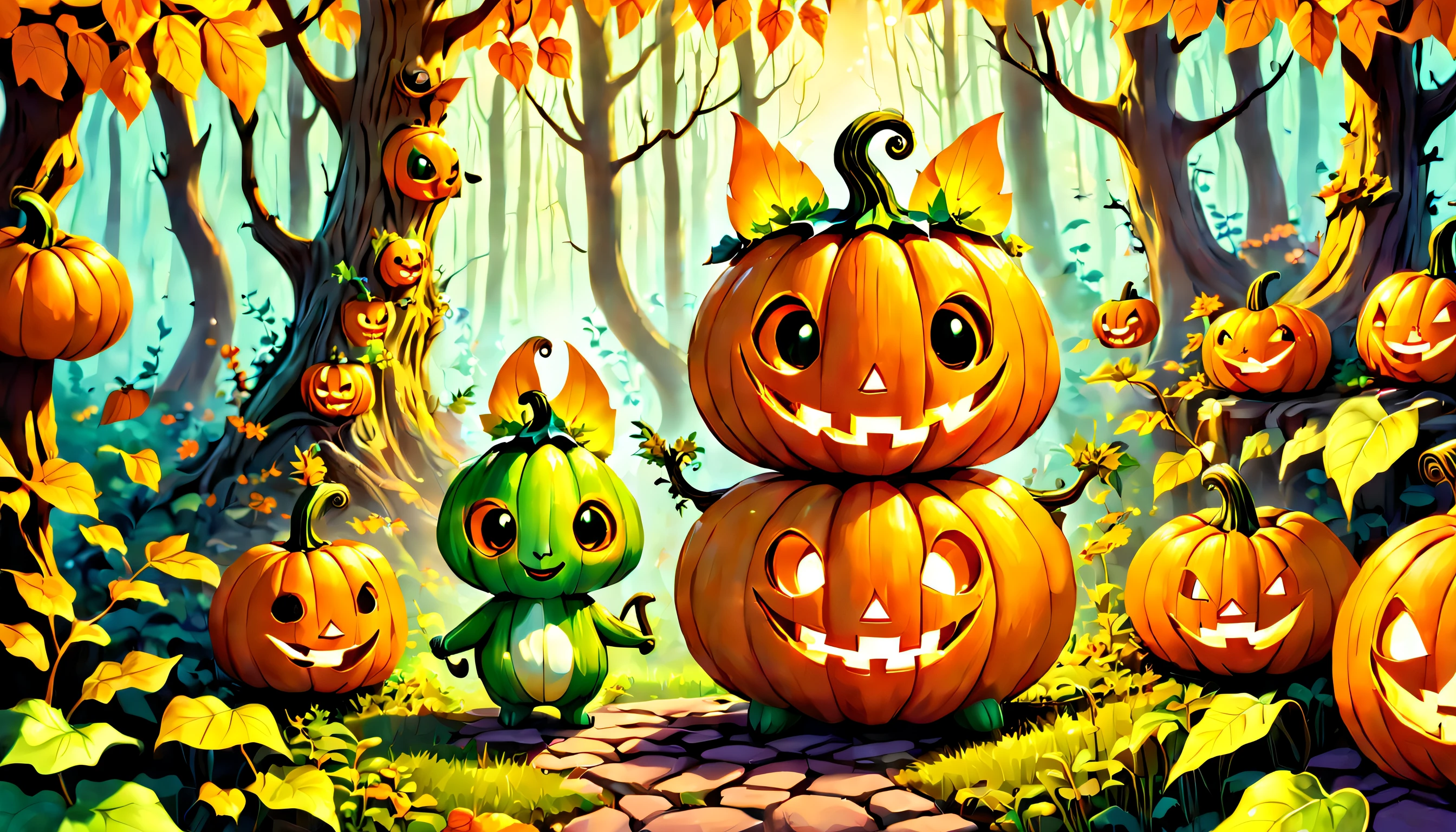 A friendly and whimsical jack-o'-lantern that houses a menagerie of cheerful, small forest spirits known as kodama, who lovingly create a lively and colorful animated scene full of enchanting details and vivid autumnal colors, where everyone feels welcome and delighted by the warmth and magic radiating from the pumpkin and its joyful inhabitants.