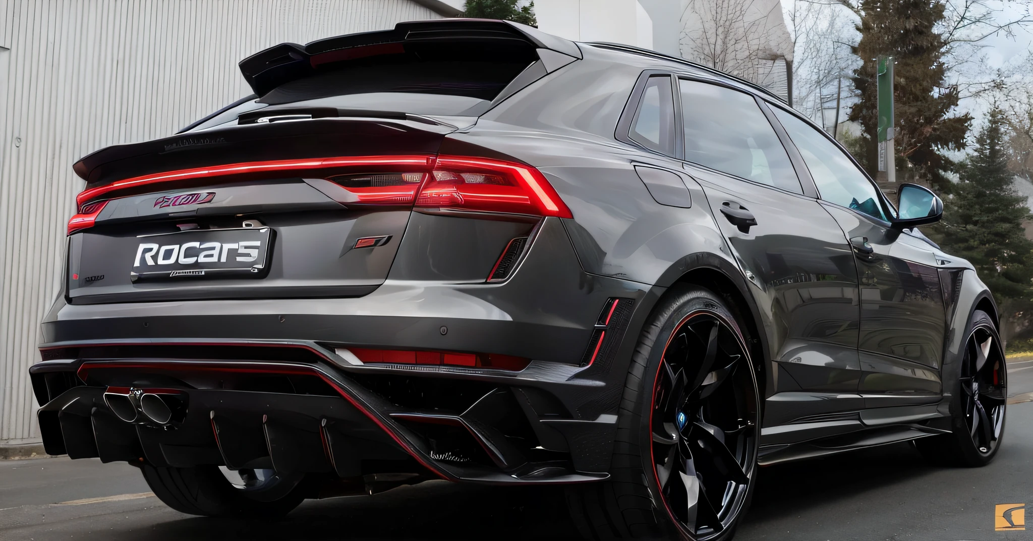 A black Audi RS car is parked on the street，Close-up of the trunk, Rear lighting, tail lights, with a sleek spoiler, lightweight but imposing, Halfrear Lighting, back Lighting, Spoiler, bold lamborghini style, aerodynamic imposing, Edited, Wide body, Highlight, The light from the back window is backlighted, Lamborghini, dynamic backlighting, red tail lights