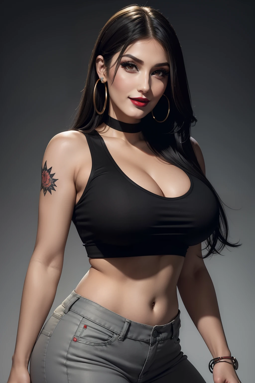 Lucy Pinder, Face portrait, straight hair, black hair, Long hair, (( Bright lipstick)), (( Very intense makeup)), smiling, Voluptuous woman, Super cleavage, sleeveless crop top, black crop top, pants gray sporty, back, tattoos, hoop earrings.