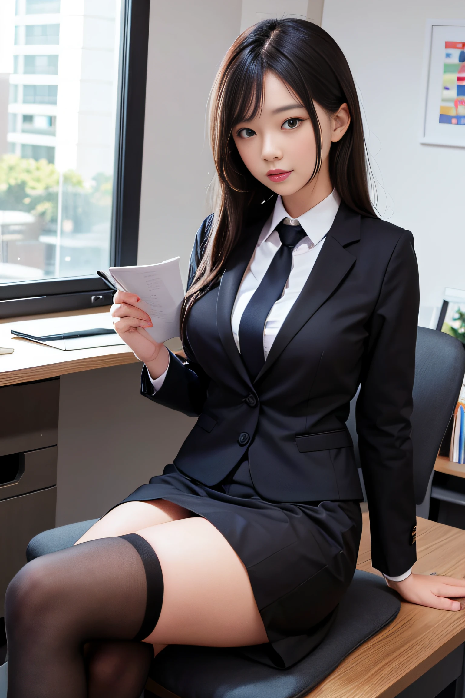In the office, there is a beautiful female secretary wearing uniform black stockings and sitting on her desk with her legs open and her panties exposed