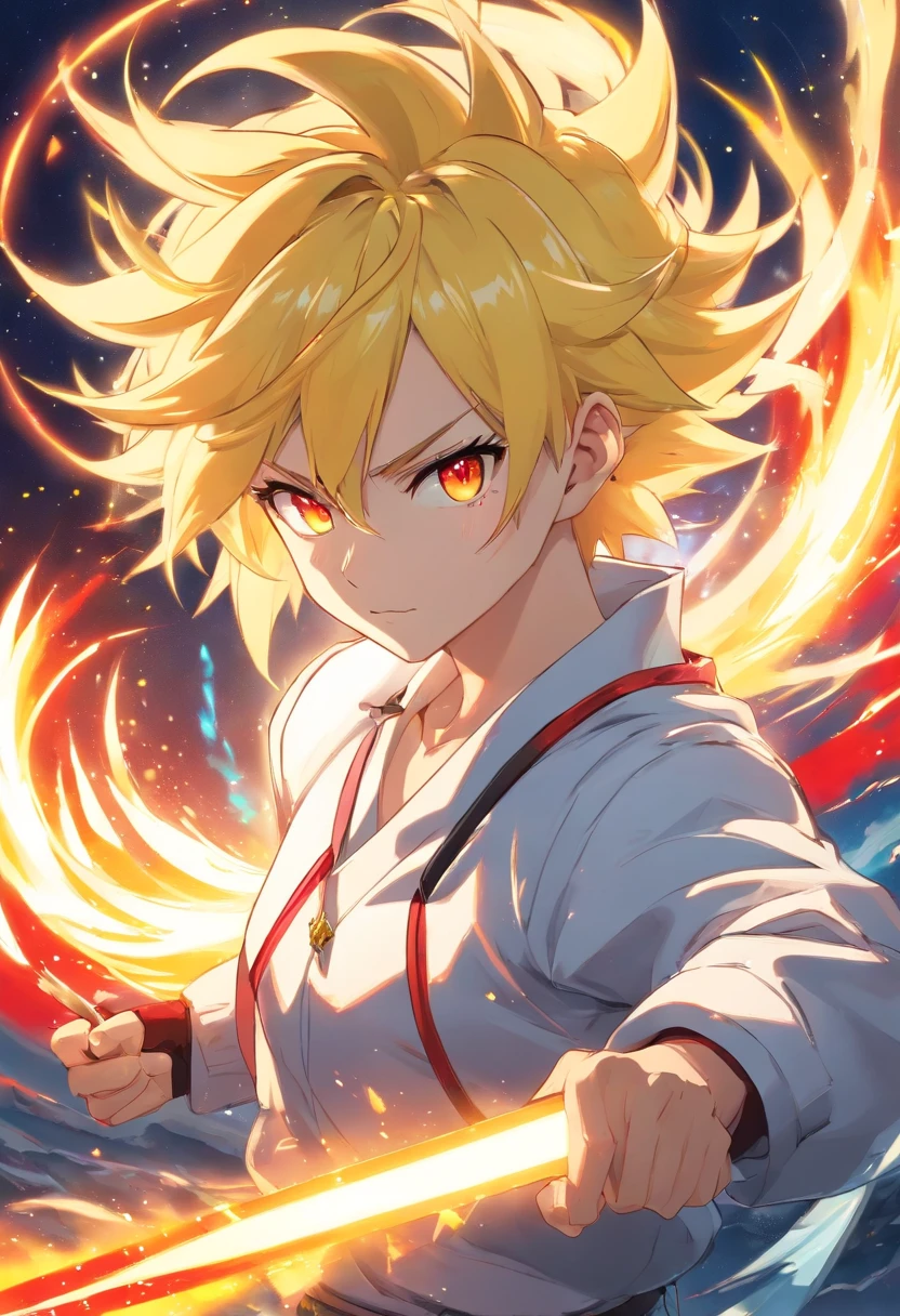 Ultra Supersayajin, diamond yellow hair and red eyes with black pencil painted around, White clothing with tatoon dragon print, bom grito aberto, fighting with great fury against the enemy, scenery in heaven and earth