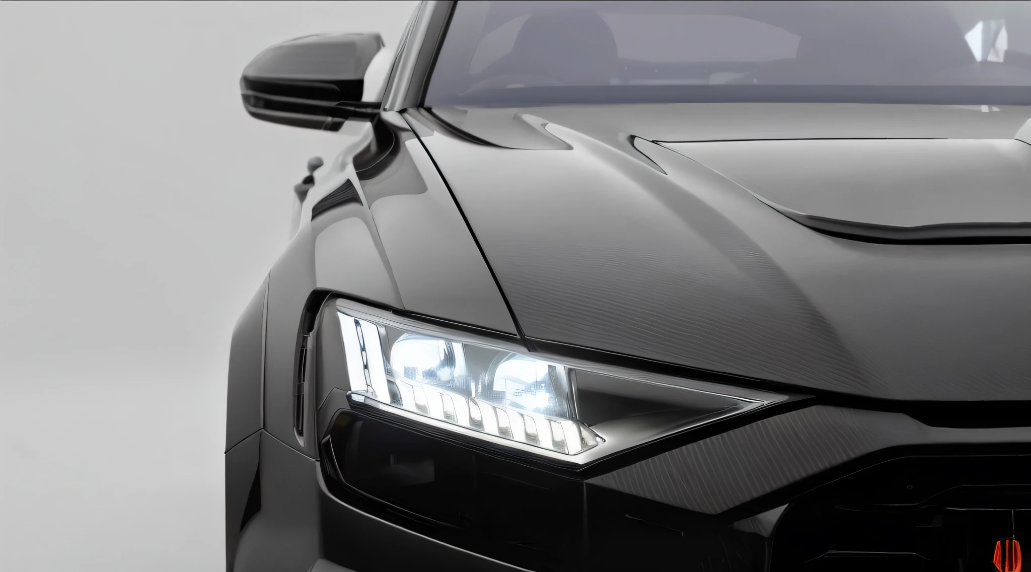 Close-up of a car with a hood and headlights, Front lighting, with cool headlights, led details, custom headlights, forward light, conceito, car lights, emphasis lighting : : onyx, dramatic lighting hyper detail, high-body detail, ultra realistic lighting, subtle detailing, ultra realistic lighting, Side lighting, Frontlighting, Bright headlights