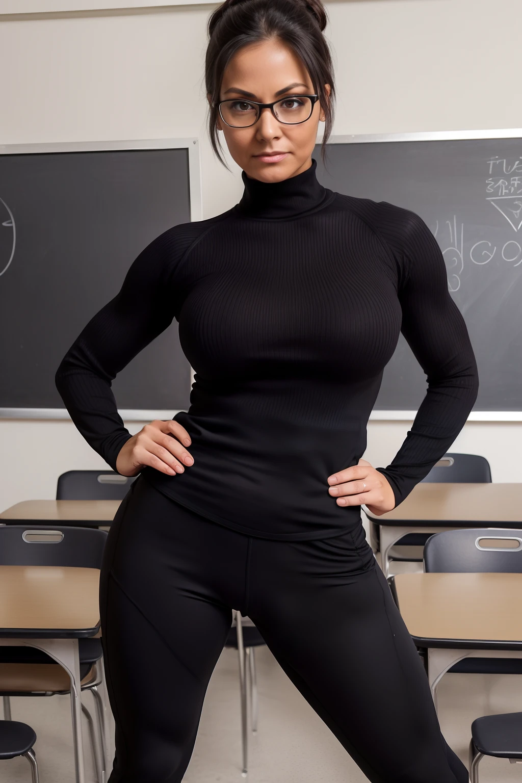 Teacher, ((angry expression)), (super sexy), black hair Tied in loose bun, realistic school settings, wearing black tight pants pants and super tight skimpy sweater, ((eye contact)), milf, 40 years old, wearing glasses, leaning forward toward camera, (very fit, abs, muscles), masterpiece (((all clothing is super tight, figure hugging and very revealing)))