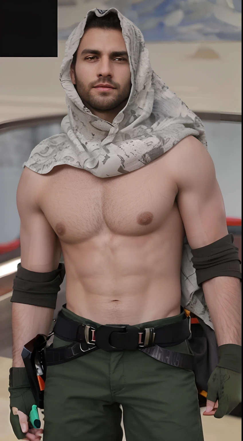Homem usando um capuz e luvas, not shirt :: Very high detail, masculino sem camisa, musculoso, barriga tanquinho, not shirt, parte superior do corpo altamente detalhada, luvas verdes, green pants, cinto preto,cotovelos cobertos por um pano, pele de alto detalhe, hiper detalhado