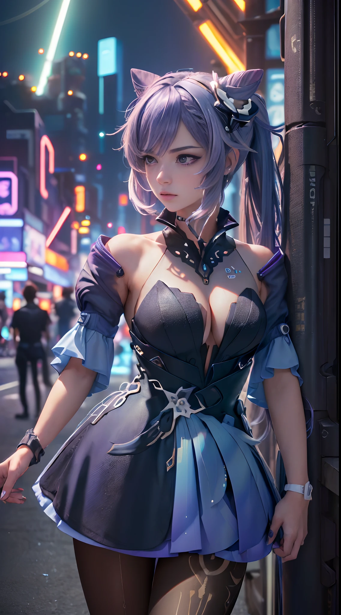 (masterpiece, best quality, high res, absurdres, ultra-detailed:1.3), (((1 girl, alone))), (tron, cybers pace, techno, cyberpunk, (((purple hair))), blue and purple neon light rays, synthwave, iridescent, perfect hands, perfect eyes, perfect body, intricate details, holographic, hdr: 1.6), (prpdef1, cowboy shot:1.3)