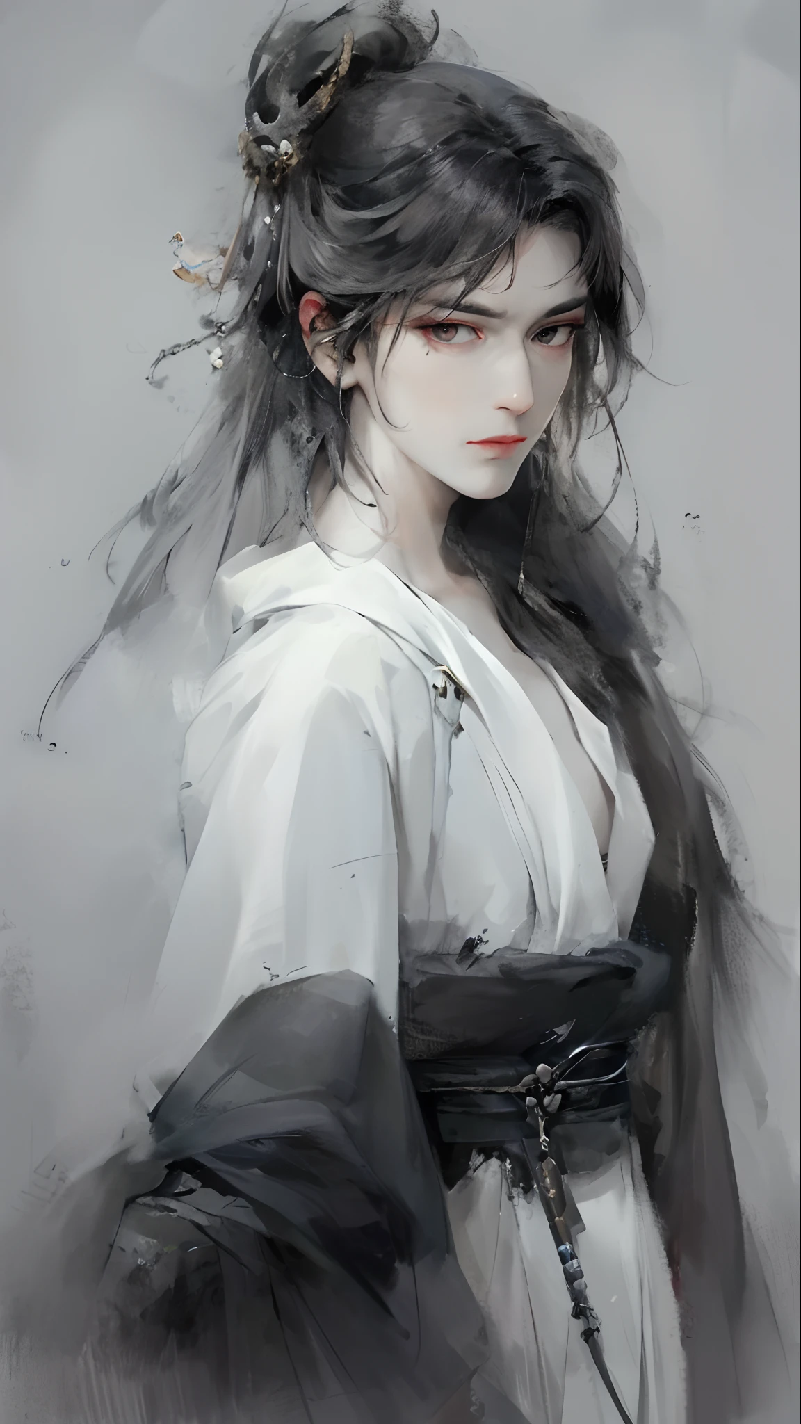 Close-up of a man with white hair and white mask, beautiful figure painting, Guwiz, Guwiz style artwork, white-haired god, Yang J, epic fine character art, stunning character art, Fan Qi, Wu Zhun Shifan, Guwiz in Pixiv Art Station