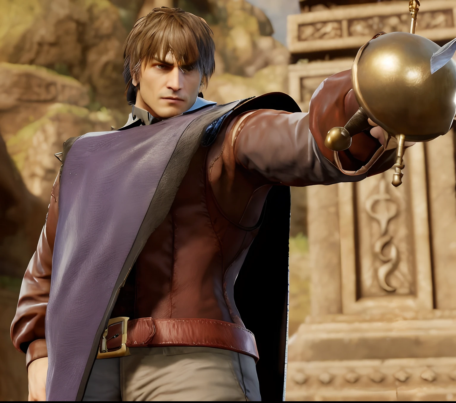 Arafed macho em um casaco marrom segurando uma rapieira, Alma Calibur, personagem de jogo de luta, como personagem em tekken, Personagem de King of Fighters, SNK, vestindo uma capa marrom, sfw version, mortos ou vivos 6, Detalhes do caractere 8K, novo personagem, de virtua figther, Estilo Rei dos Lutadores