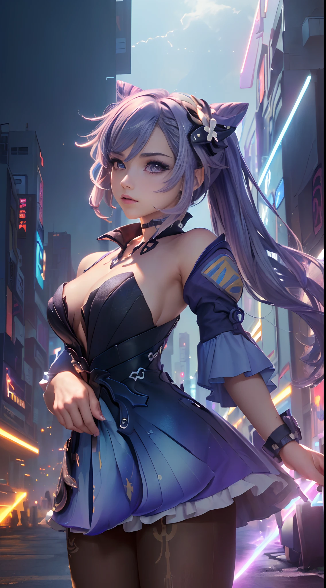 (masterpiece, best quality, high res, absurdres, ultra-detailed:1.3), (((1 girl, alone))), (tron, cybers pace, techno, cyberpunk, (((purple hair))), blue and purple neon light rays, synthwave, iridescent, perfect hands, perfect eyes, perfect body, intricate details, holographic, hdr: 1.6), (prpdef1, cowboy shot:1.3)