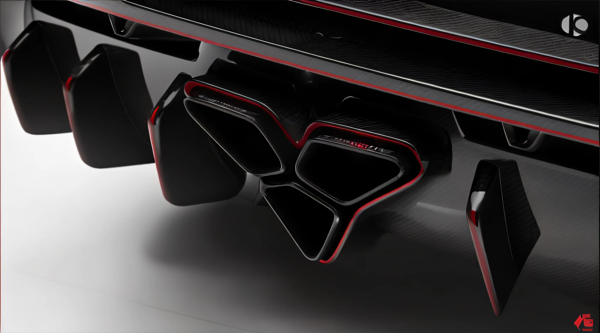 Close-up of a car with red exhaust pipes and exhaust pipes, veneno, Clear detail, Incredibly sharp details, Finely tuned details, conceito, Black stainless steel，Red trim, aerodynamic design, futuristic hi-tech details, smooth curvature design, Red neon detail, Superb detail 8 K, HD", high-body detail, McLaren, carbon fibers