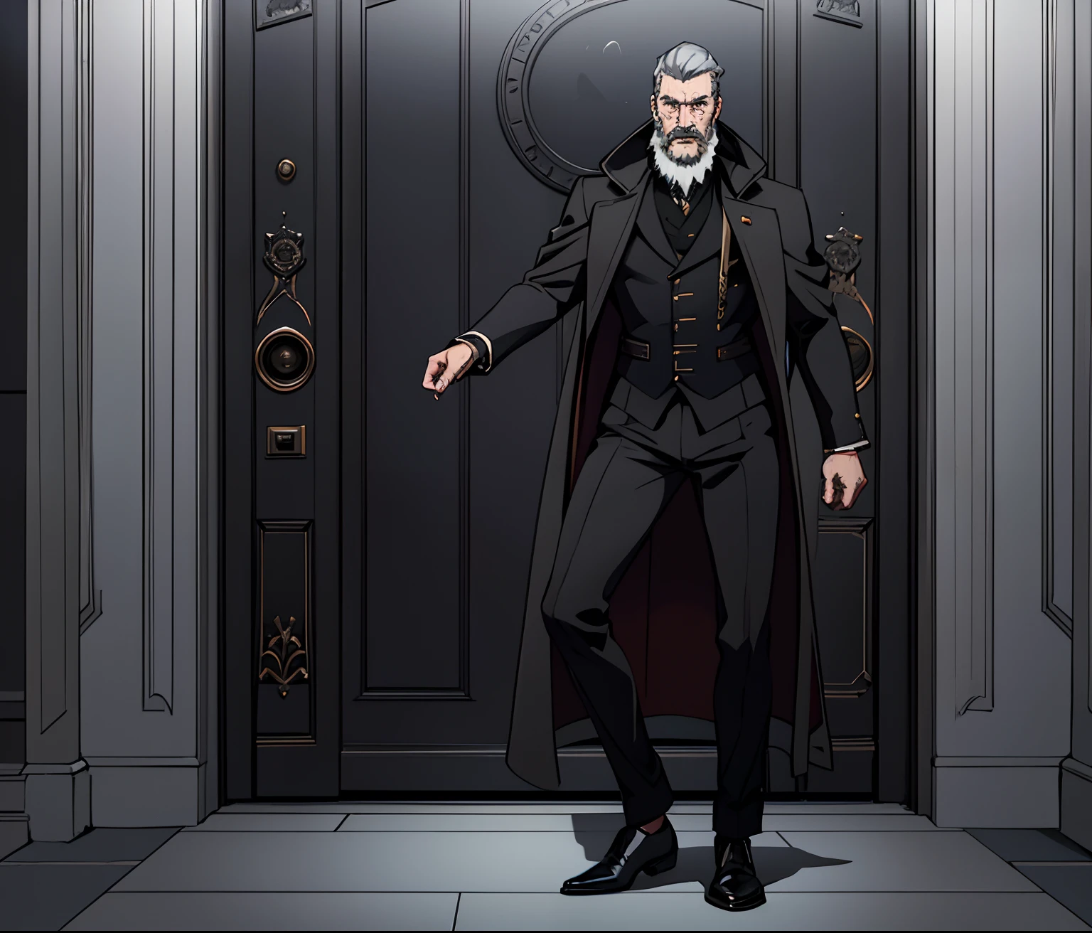 (best quality,4k,highres),man in a Victorian coat,professor's robe,gray hair and beard,covering a black door with his right hand,front view,medium:pencil sketch,detailed texture,grand atmosphere,vivid colors,dramatic lighting