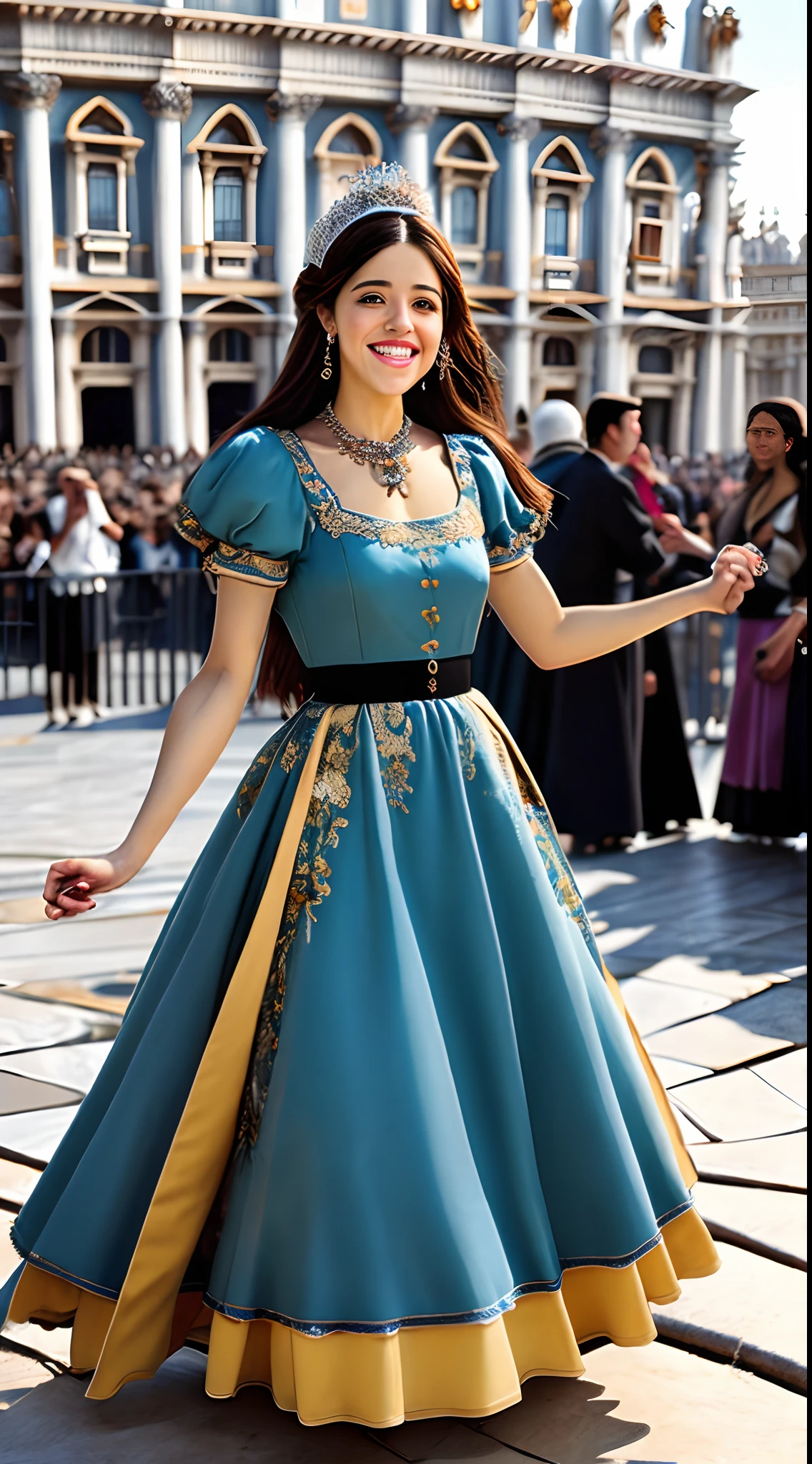 (巨作, Best quality, Realistic),
1girl,(on the St. Peter's Square of Vatican,crowd of), sankta. Peter's Square of Vatican background,gypsy dress,(Princess Eyes,shiny pupils),Dancing,banquet, crowd, picking up skirt,
[Slight smile],