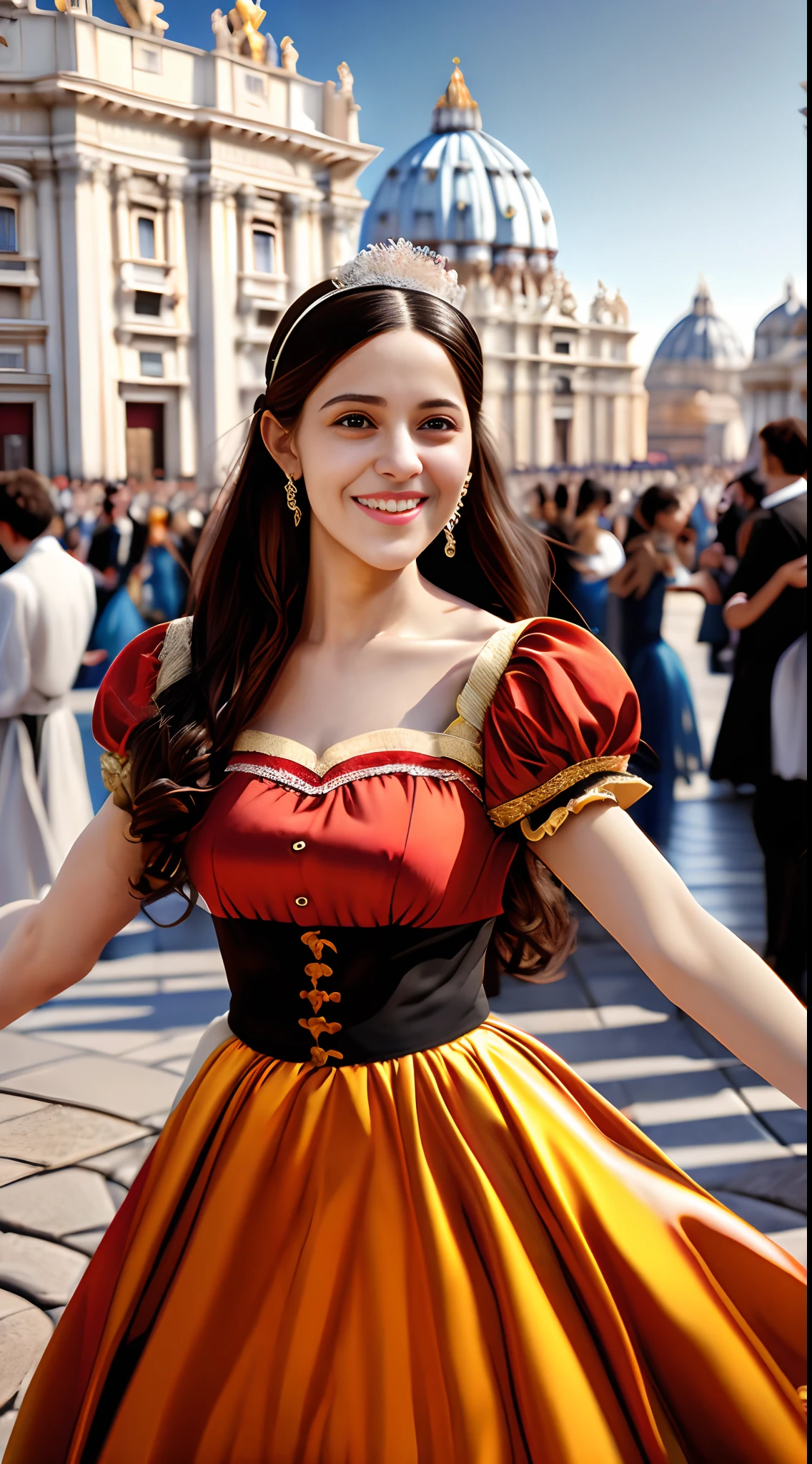 (巨作, Best quality, Realistic),
1girl,(on the St. Peter's Square of Vatican,crowd of), sankta. Peter's Square of Vatican background,gypsy dress,(Princess Eyes,shiny pupils),Dancing,banquet, crowd, picking up skirt,
[Slight smile],