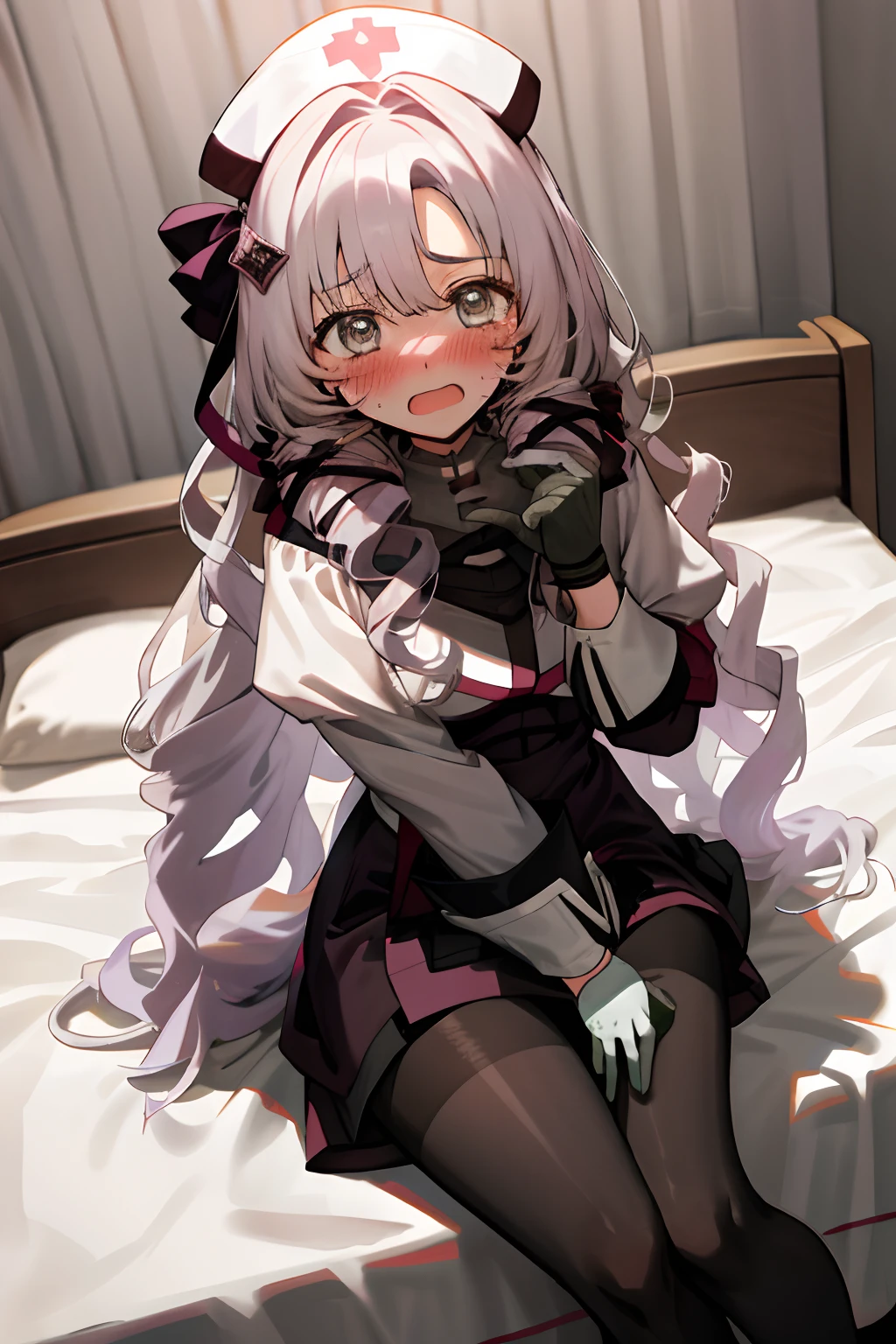 One girl with long wavy hair, looking at viewer, embarrassed, blushing, tears, open mouth, indoor , nurse, white shirt, puff long sleeves, , thigh, perfect waist, noon atmosphere, hair ornament, sit on, crossed legs, bed , lace gloves, white pantyhose, nurse hat, (embarrassed:1.0)