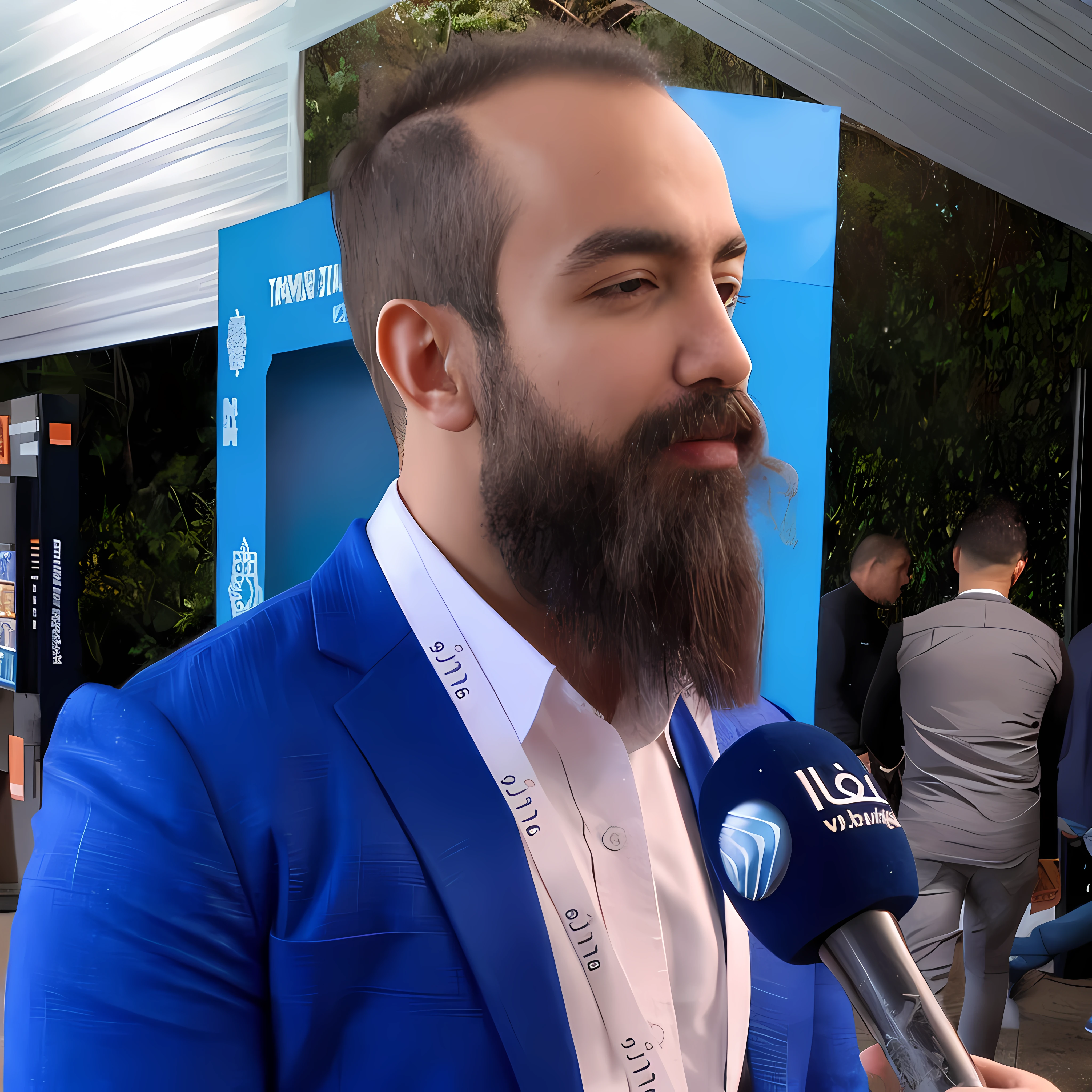 An Araffe man with a beard and a blue suit talks to a journalist, Elias Chatzoudis, Raphaël Lecoste, Ahmad Merheb, par Daniel Schultz, par Luis Miranda, Mohamed Reda, Ligne Yesilbas, went Chatzipanagiotou, Kerem couplet, hicham habchi, par Zahari Zograf