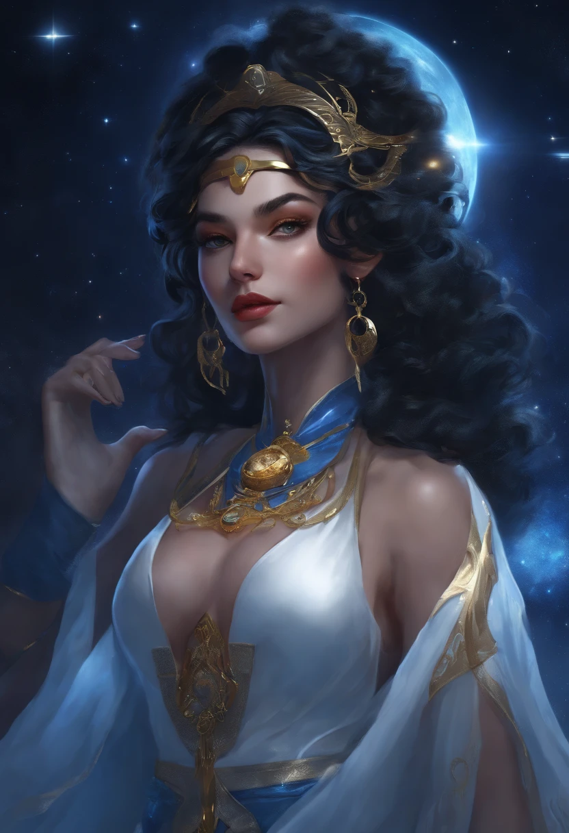 (masutepiece, of the highest quality, Best Quality, Official art, Beautiful and aesthetic:1.2), (1girl in:1.3), dark blue hair in braids, Extremely detailed, Portrait, Looking at Viewer, Solo, (Full body:0.6), Detailed background, close up, (Cool science fiction space theme:1.1), ((((Blue skin)))), Very busty magician, charlatan, Mysterious, Cast spells in space, Four Arms, Reveal white and gold robes, Fingerless gloves, Long gloves, ((Glowing magical energy, Blindfold)), Elaborate headdress, Golden ceremonial horn, Sheer white fabric, Elegant robes, skirt by the, Streamers, cowl, Cape, Sandals, bracers, ((((Four Arms, huge-breasted, cleavage, Skindentation)))), Slim waist, slim hip, Long legs, Athletic, spaces, Future Moon, (Cosmic appearance:1.1) Background, Dark and mysterious lighting, shadowy, Magical atmosphere, Dutch Angle