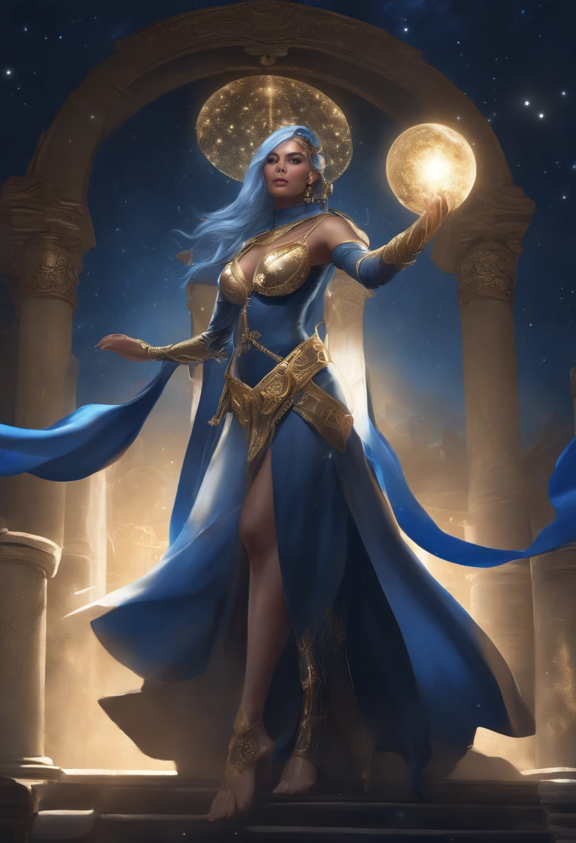 (masutepiece, of the highest quality, Best Quality, Official art, Beautiful and aesthetic:1.2), (1girl in:1.3), dark blue hair in braids, Extremely detailed, Portrait, Looking at Viewer, Solo, (Full body:0.6), Detailed background, close up, (Cool science fiction space theme:1.1), ((((Blue skin)))), Very busty magician, charlatan, Mysterious, Cast spells in space, Four Arms, Reveal white and gold robes, Fingerless gloves, Long gloves, ((Glowing magical energy, Blindfold)), Elaborate headdress, Golden ceremonial horn, Sheer white fabric, Elegant robes, skirt by the, Streamers, cowl, Cape, Sandals, bracers, ((((Four Arms, huge-breasted, cleavage, Skindentation)))), Slim waist, slim hip, Long legs, Athletic, spaces, Future Moon, (Cosmic appearance:1.1) Background, Dark and mysterious lighting, shadowy, Magical atmosphere, Dutch Angle