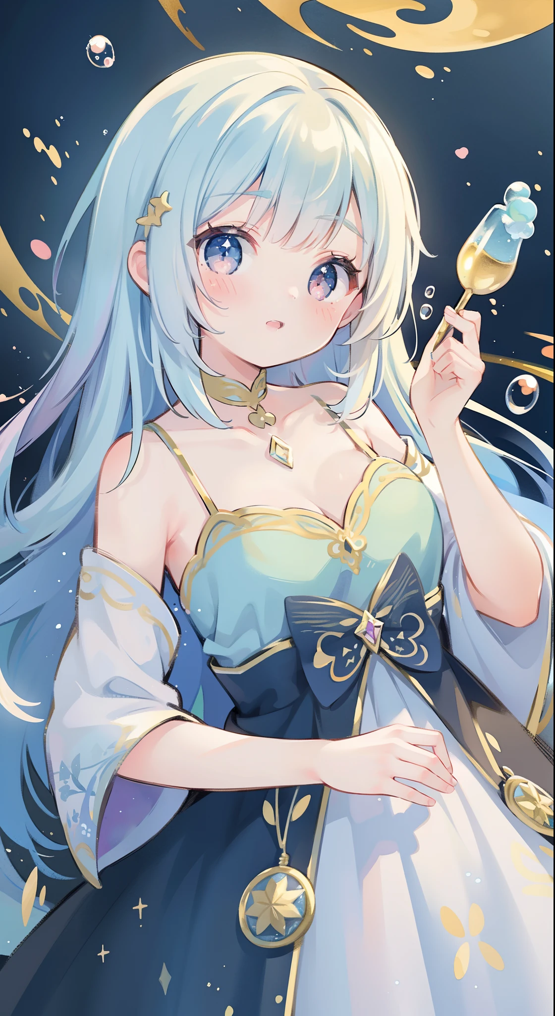 masterpiece, best quality, 8k resolution, sharp focus, intricate detail, beautiful girl, sparkling eyes, golden ratio face, otherworldly liquid, watercolor, pastel colors, bright colors, whimsical, colorful, sharp focus, high resolution, fine detail, princess layered ballgown, ((round eyes)), iridescent bubbles, magical landscape in background