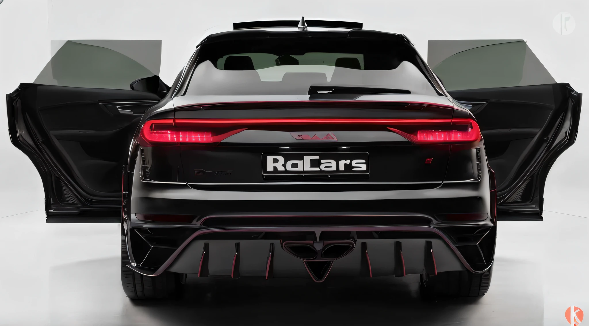 The door opens，Close-up of car with rear door open, Rear lighting, rear-shot, tail lights, rear shot, Halfrear Lighting, with a sleek spoiler, medium shot taken from behind, Spoiler, conceito, Wide body, Location shooting, The Car, it has six thrusters in the back, Black car, sports cars, red tail lights