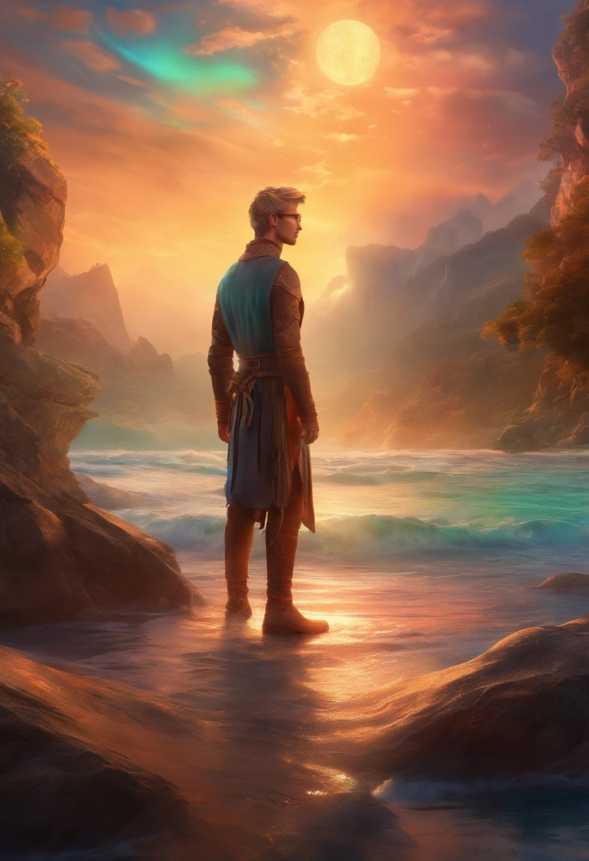 Masterpiece, full body, a young man standing in a shore, blond short hair, blue eyes with glasses, tall male, shy, elegant,cinematic lighting, highly detailed, intense colors, octane rendered  surreal mood, award winning picture, glowing rich colors, iridiscent accents,- dramatic shadows,dynamic and atmospheric lighting, anamorphic lens, sharp focus, see through, glowing rich colors, 8K, 3D rim light, 3d final render, 3d shading, unreal 5, octane render, iridiscent accents, highlights and overtones,
intricate high detail masterpiece