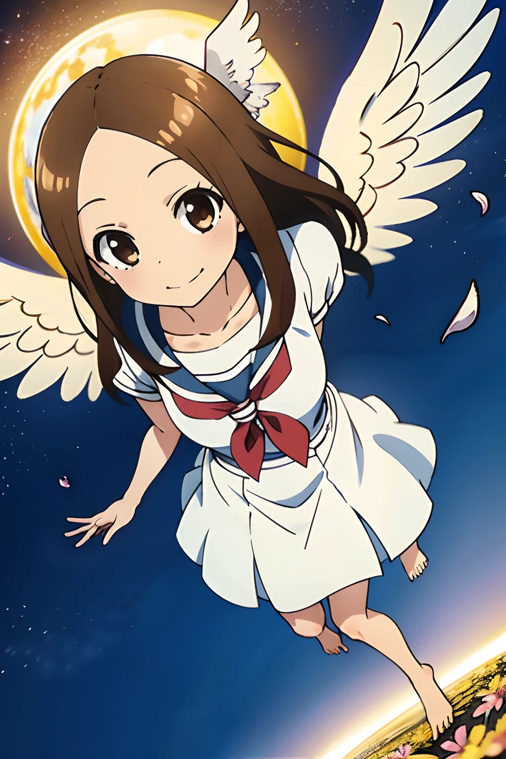 (Realistic),(Photorealistic),Takagi_San, 1girl in, Long hair,((White angel attire)), ((Circle of Angels))，Angel Cosplay，Brown hair, Part bangs, Brown eyes, Forehead,Barefoot，Smile, Looking at Viewer, masutepiece,Full body,Girl in the air， Best Quality, (Colorful),volumatic light, Ray tracing,the Extremely Detailed CG Unity 8K Wallpapers,Smile,((flying petal)),flower  field, natta，fullmoon，light, Fantasy, Windy, magic sparks, A large number of petals fly