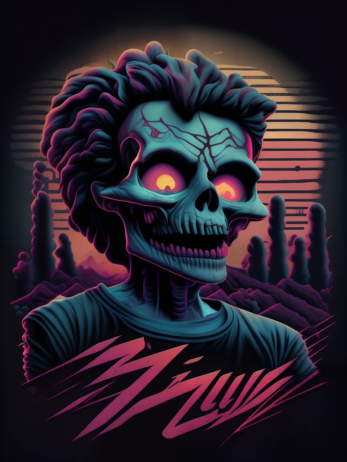 Zumbi .psicodelic, imagem vetorial, design de camiseta, isolado, skeleton, fundo preto, 3D horror illustration,terror anos 90