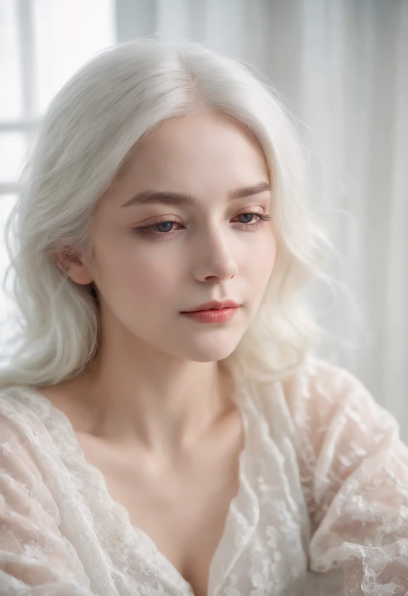 Sleeping ,Closed eyes,White complexion, Women around 19 years of age, Natural white hair, Slender and elegant, beautiful, Moonlit window,On the bed, Realistic shots, Dress pajamas, Sleeping