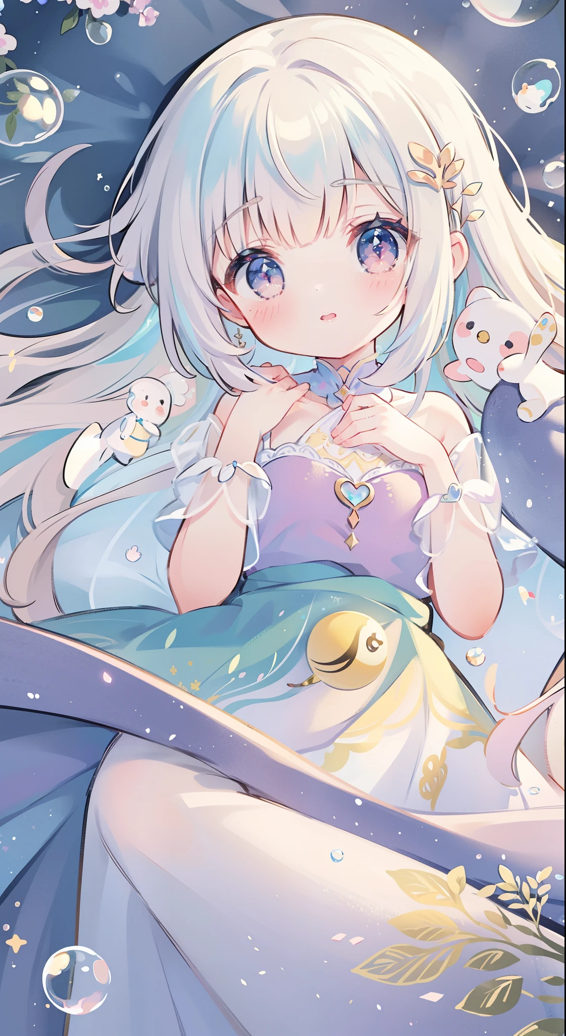 masterpiece, best quality, 8k resolution, sharp focus, intricate detail, beautiful girl, sparkling eyes, golden ratio face, otherworldly liquid, watercolor, pastel colors, bright colors, whimsical, colorful, sharp focus, high resolution, fine detail, princess fantasy ballgown, ((round eyes)), iridescent bubbles