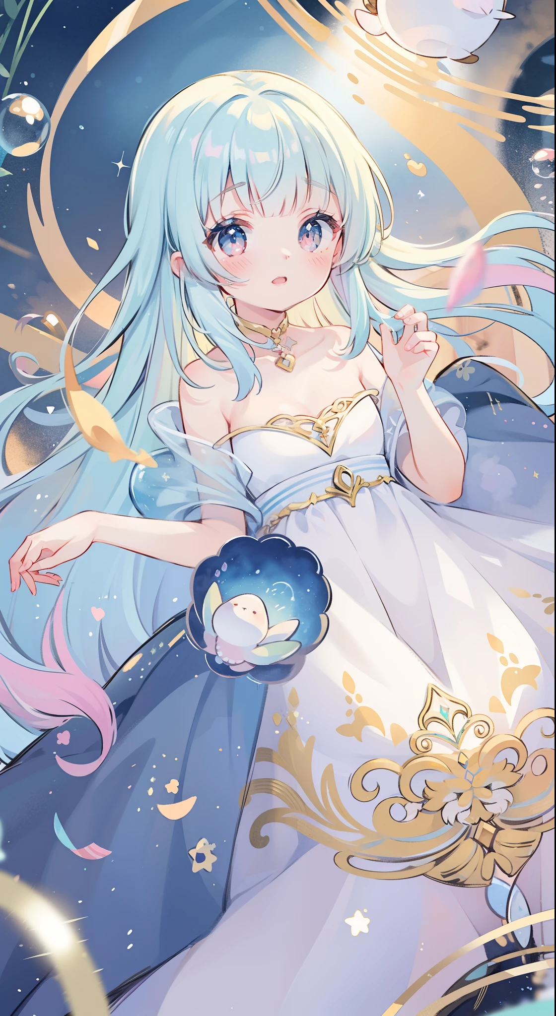 masterpiece, best quality, 8k resolution, sharp focus, intricate detail, beautiful girl, sparkling eyes, golden ratio face, otherworldly liquid, watercolor, pastel colors, bright colors, whimsical, colorful, sharp focus, high resolution, fine detail, princess fantasy ballgown, ((round eyes)), iridescent bubbles