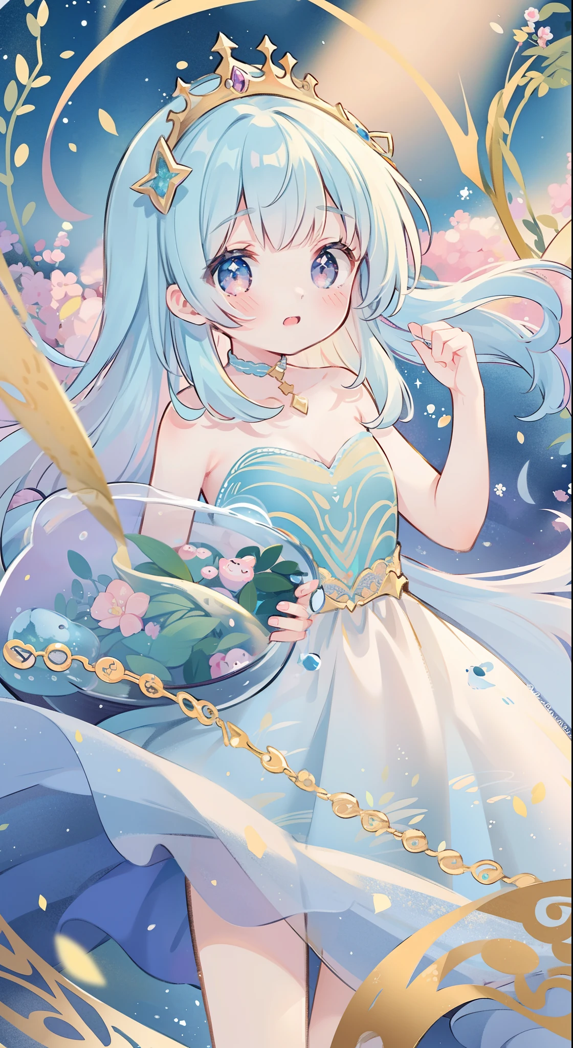 masterpiece, best quality, 8k resolution, sharp focus, intricate detail, beautiful girl, sparkling eyes, golden ratio face, otherworldly liquid, watercolor, pastel colors, bright colors, whimsical, colorful, sharp focus, high resolution, fine detail, princess fantasy ballgown, ((round eyes)), iridescent bubbles