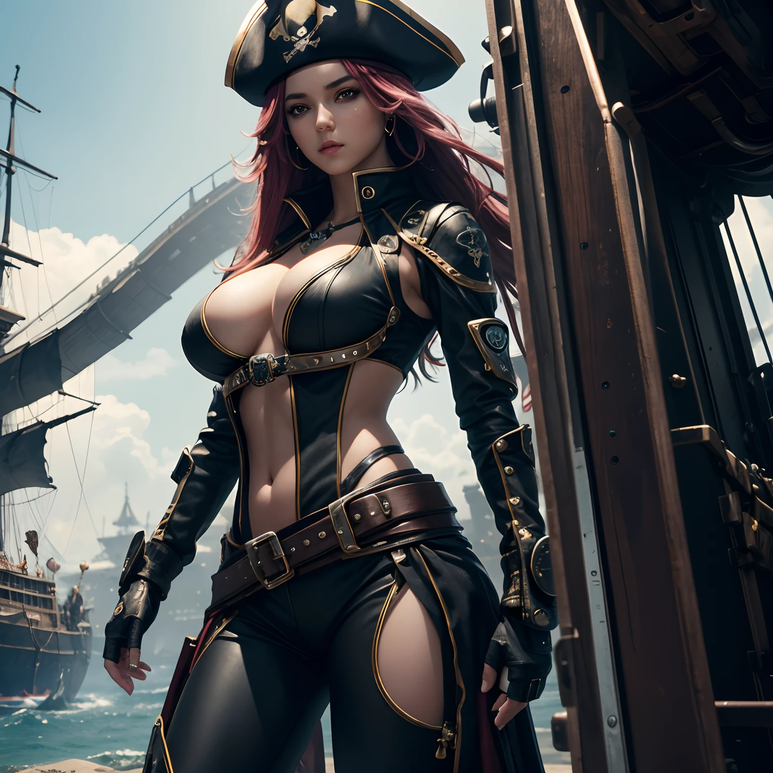 Pirates girls, futuristic, gorgeous body, (best quality:1.4), stand on pirate ship, (ultra detail), robotics arms, perfect breast, ultra-detail, uhd 8k wallpaper, LED eyes, cybercrime
