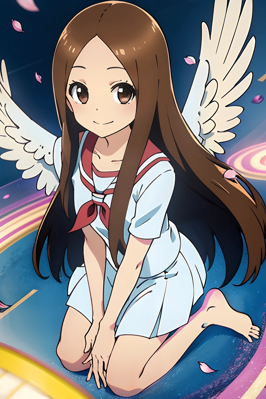 (Realistic),(Photorealistic),Takagi_San, 1girl in, Long hair,((White angel attire)), ((Circle of Angels)),Angel Cosplay,Brown hair, Part bangs, Brown eyes, Forehead,Barefoot,Smile, Looking at Viewer, masutepiece,Full body,Girl in the air, Best Quality, (Colorful),volumatic light, Ray tracing,the Extremely Detailed CG Unity 8K Wallpapers,Smile,((flying petal)),flower field, natta,fullmoon,light, Fantasy, Windy, magic sparks, A large number of petals fly