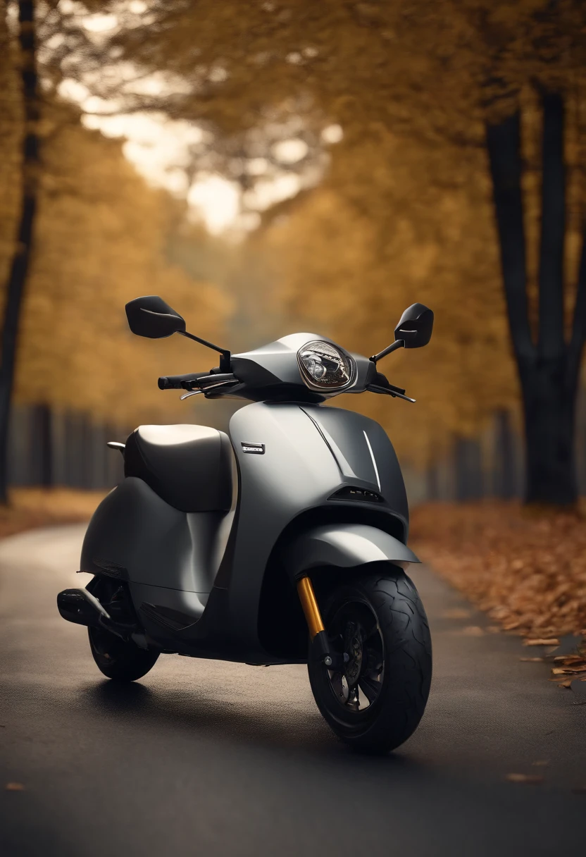 um close up de uma scooter com um fundo de floresta, a digital rendering by Josef Dande, Vencedor do concurso CG Society, neo-dada, ciclomotor, corpo de metal cinza, steel gray body, infini - d - render, crisp smooth clean lines, Super Modelo-S 100, crisp smooth lines, vista lateral, Plutus Su, conceito fosco