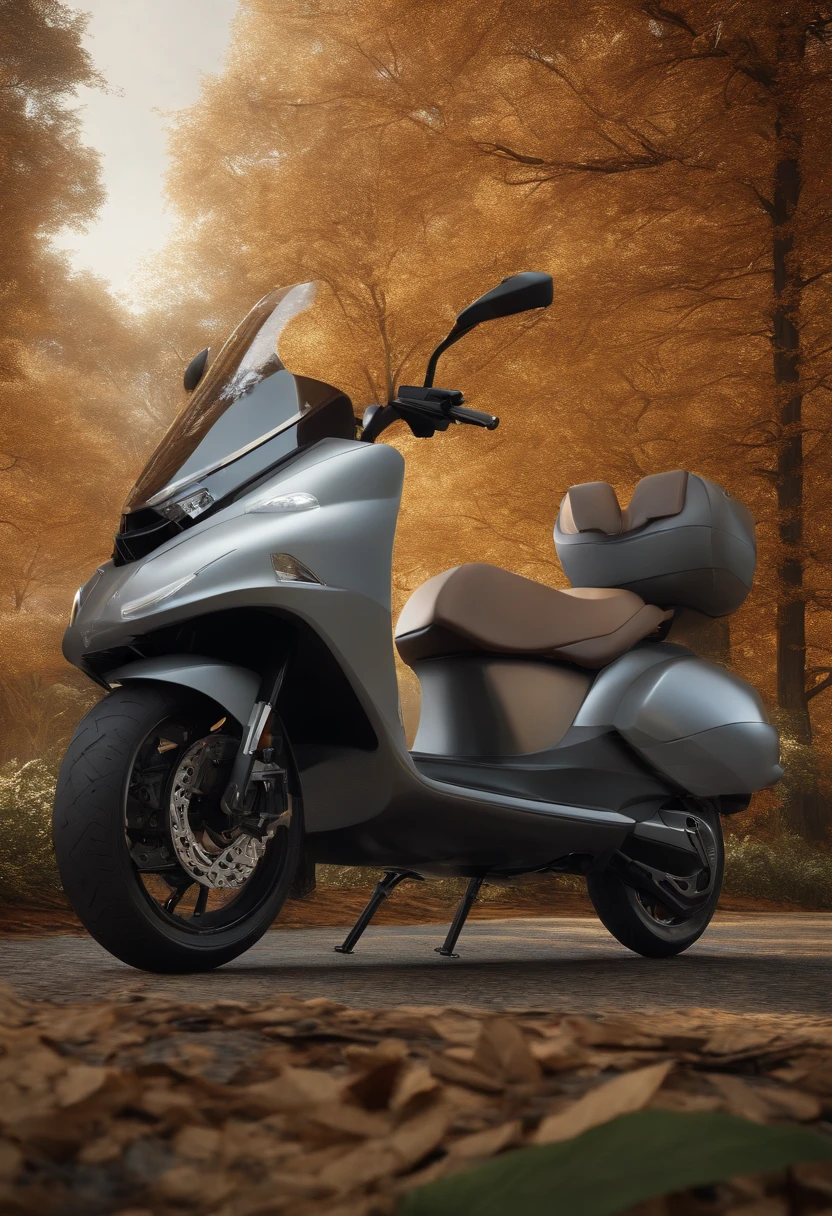 um close up de uma scooter com um fundo de floresta, a digital rendering by Josef Dande, Vencedor do concurso CG Society, neo-dada, ciclomotor, corpo de metal cinza, steel gray body, infini - d - render, crisp smooth clean lines, Super Modelo-S 100, crisp smooth lines, vista lateral, Plutus Su, conceito fosco