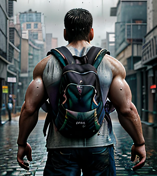 black and white image, Strong muscular man, street rage, backpack, epic realism, photo, faded, complex stuff around, complex background, wet, neutral colors, ((((hdr)))), (((( muted colors)))), complex scene, artstation, intricate details, vignette