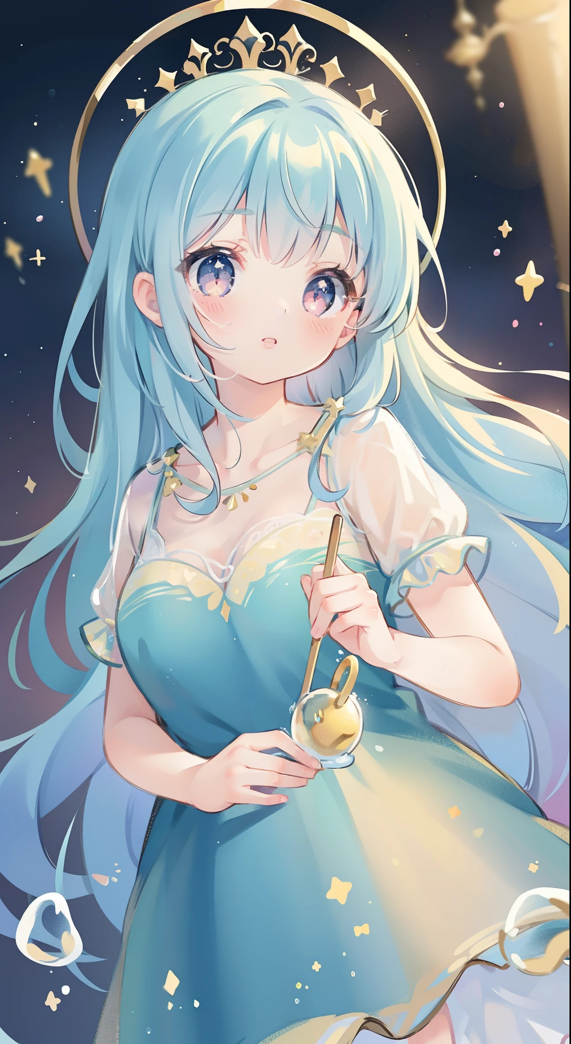 masterpiece, best quality, 8k resolution, sharp focus, intricate detail, beautiful girl, sparkling eyes, golden ratio face, otherworldly liquid, watercolor, pastel colors, bright colors, whimsical, colorful, sharp focus, high resolution, fine detail, princess layered ballgown, ((round eyes)), iridescent bubbles, magical