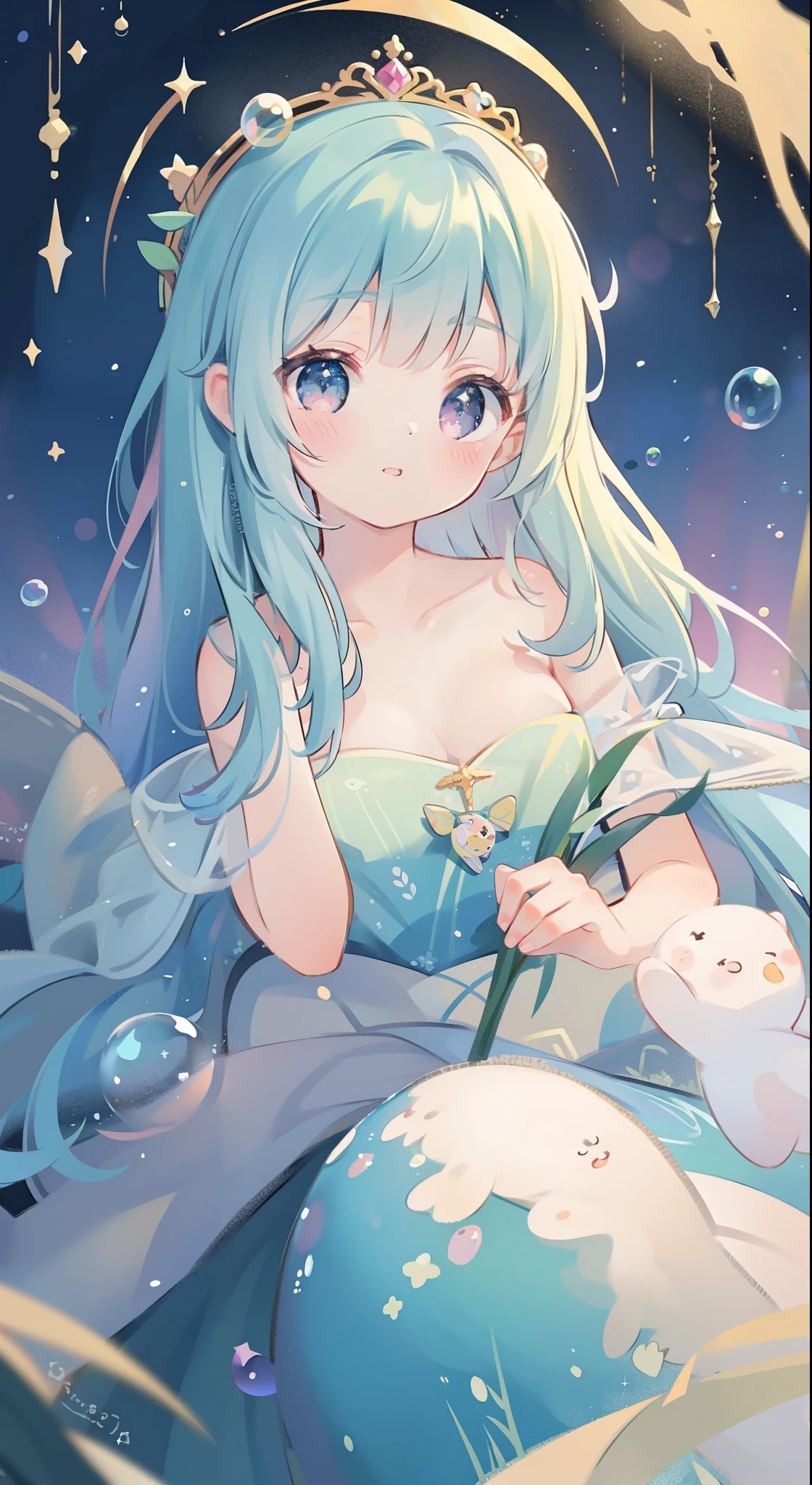 masterpiece, best quality, 8k resolution, sharp focus, intricate detail, beautiful girl, sparkling eyes, golden ratio face, otherworldly liquid, watercolor, pastel colors, bright colors, whimsical, colorful, sharp focus, high resolution, fine detail, princess layered ballgown, ((round eyes)), iridescent bubbles, magical