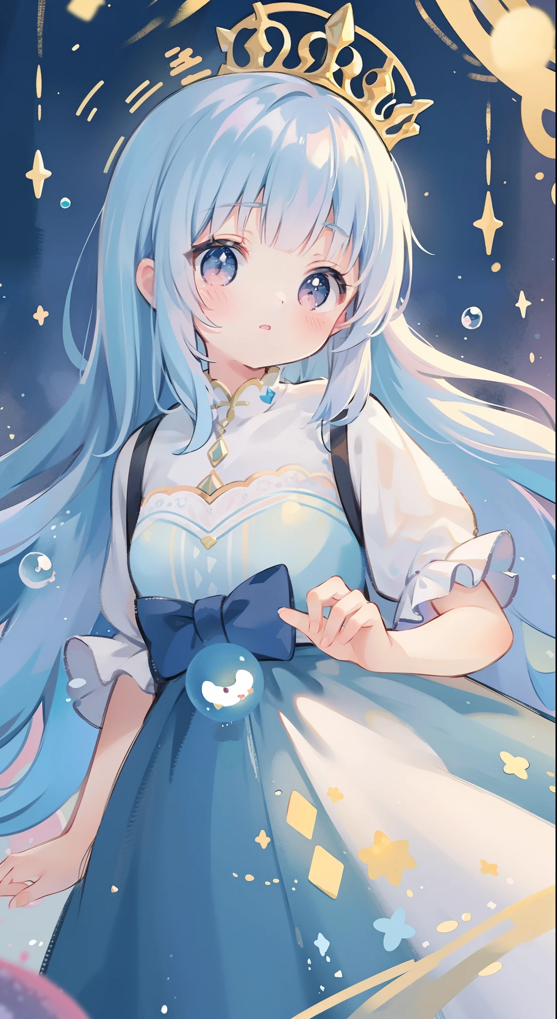 masterpiece, best quality, 8k resolution, sharp focus, intricate detail, beautiful girl, sparkling eyes, golden ratio face, otherworldly liquid, watercolor, pastel colors, bright colors, whimsical, colorful, sharp focus, high resolution, fine detail, princess layered ballgown, ((round eyes)), iridescent bubbles, magical