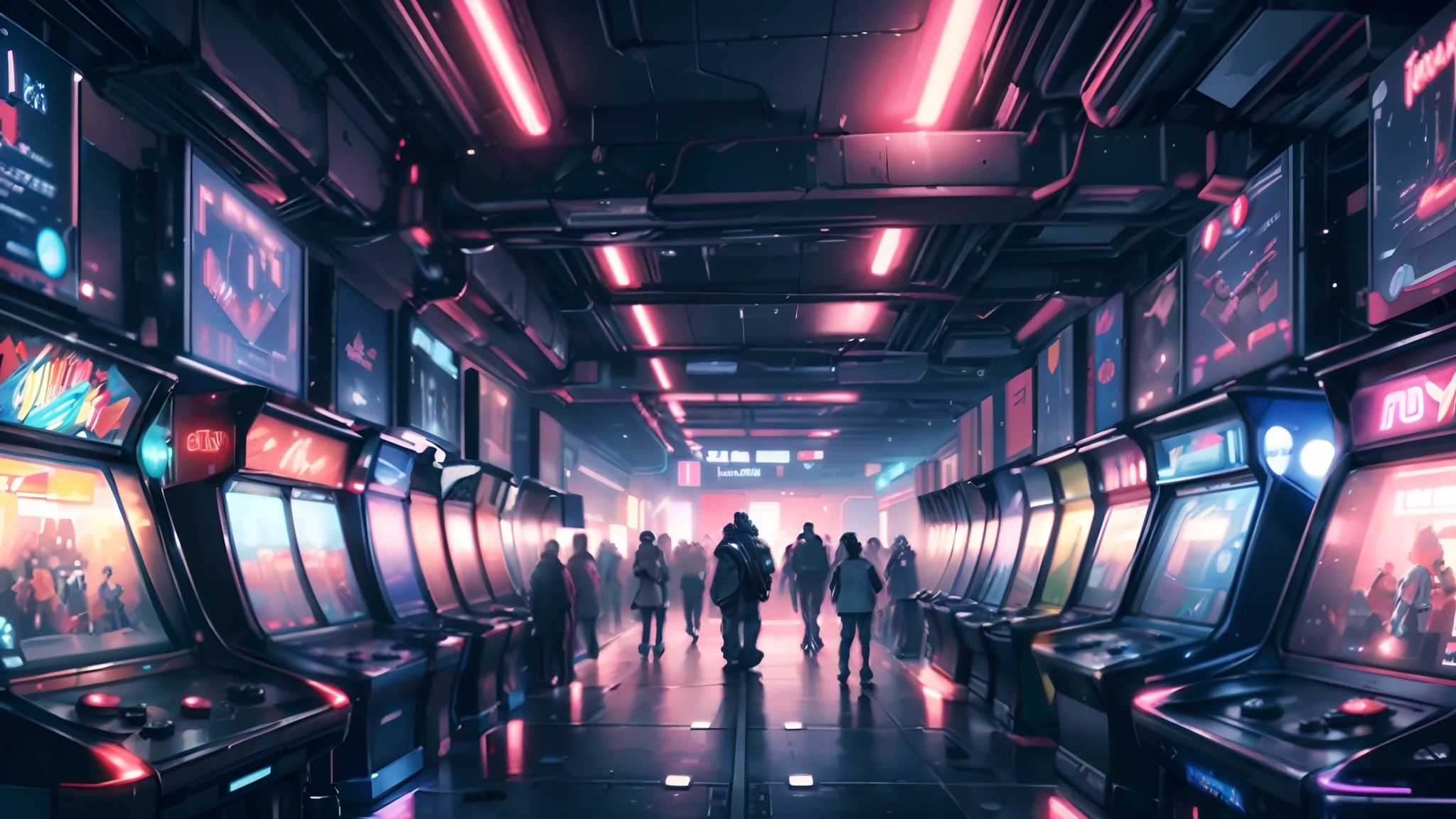 (Best quality,4K,8K,A high resolution,Masterpiece:1.2),Ultra-detailed,(Realistic,Photorealistic,photo-realistic:1.37)
Arcade, Neon lights, Vintage vibes, Futuristic cyberpunk, Fantastic atmosphere
Bright colors, vibrant paint palette, Contrasting tones
Amazing building, Futuristic city landscape, towering skyscrapers, Holographic billboard
Busy streets, bustling crowd, People dressed in futuristic fashion
Arcade consoles, Illuminated buttons, Joystick controller
Virtual reality games, immersive experience, Puzzling visuals
Dream fog, Neon light, Particles floating in the air
Synth-wave music, Energetic beats, Nostalgic tunes full of space
excited, adrenaline rush, Laughter, Friends who enjoy the gaming experience
Unforgettable moments, intense competition, High score, Triumphal celebration