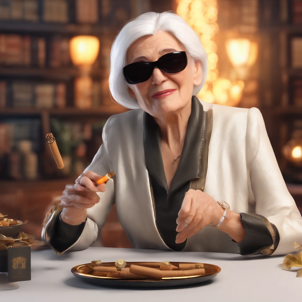 an elderly woman with white hair, smoking a cigar in her mouth and wearing dark black sunglasses. looking forward with a background falling A LOT of money