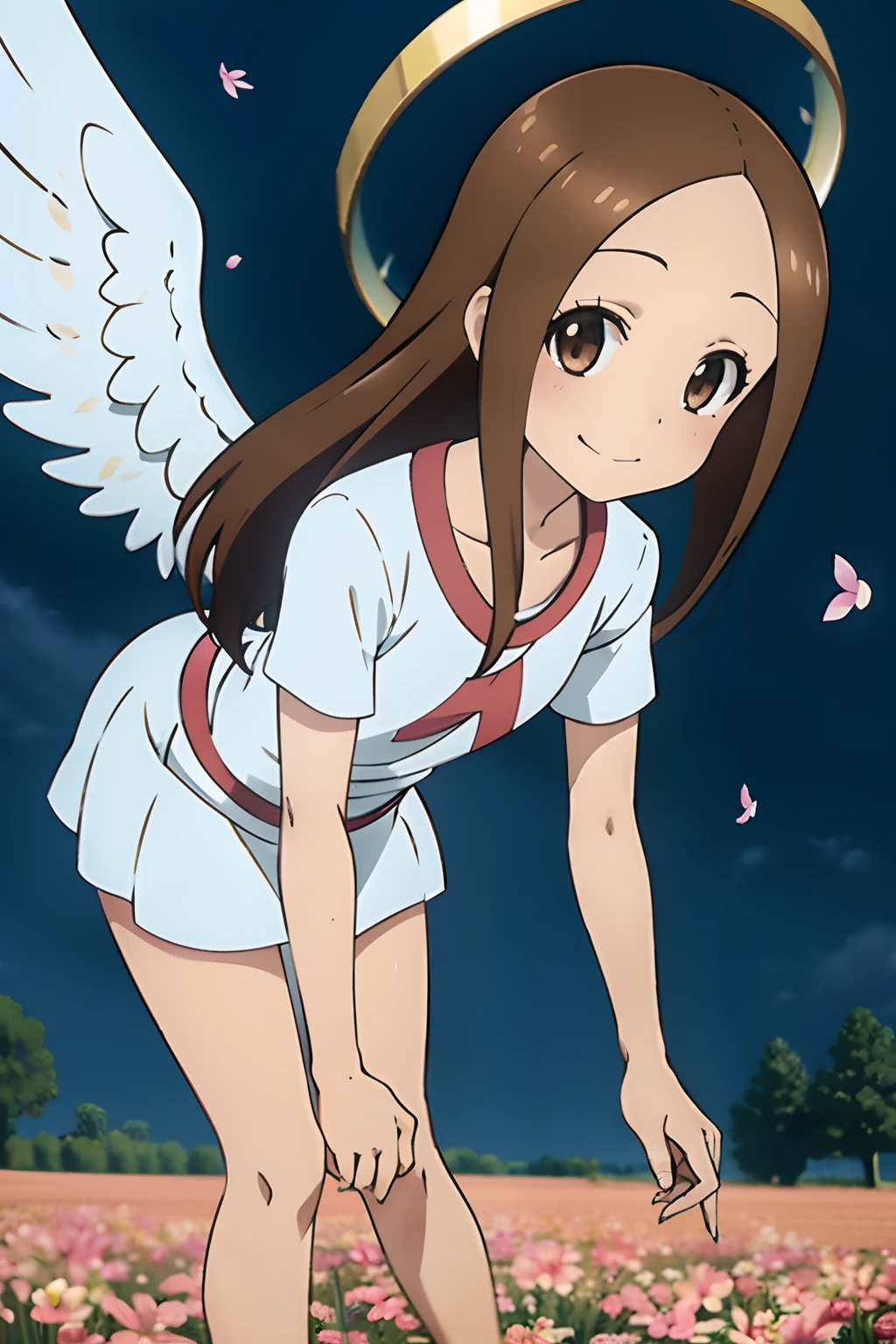 (Realistic),(Photorealistic),Takagi_San, 1girl in, Long hair,((White angel attire)), ((Circle of Angels))，Angel Cosplay，Brown hair, Part bangs, Brown eyes, Forehead,Barefoot，Smile, Looking at Viewer, masutepiece,Full body,Girl in the air， Best Quality, (Colorful),volumatic light, Ray tracing,the Extremely Detailed CG Unity 8K Wallpapers,Smile,((flying petal)),flower  field, natta，fullmoon，light, Fantasy, Windy, magic sparks, A large number of petals fly