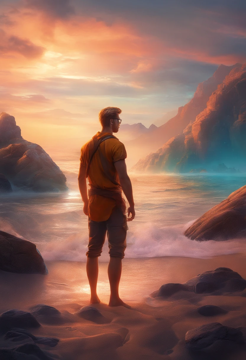 Masterpiece pin up, full body, a young man standing in a shore, blond short hair, blue eyes with glasses, t-shirt and shorts, tall male, looking shy to the camera, elegant, cinematic lighting, highly detailed, intense colors, octane rendered  surreal mood, award winning picture, glowing rich colors, iridiscent accents,- dramatic shadows,dynamic and atmospheric lighting, anamorphic lens, sharp focus, see through, glowing rich colors, 8K, 3D rim light, 3d final render, 3d shading, unreal 5, octane render, iridiscent accents, highlights and overtones,
intricate high detail masterpiece