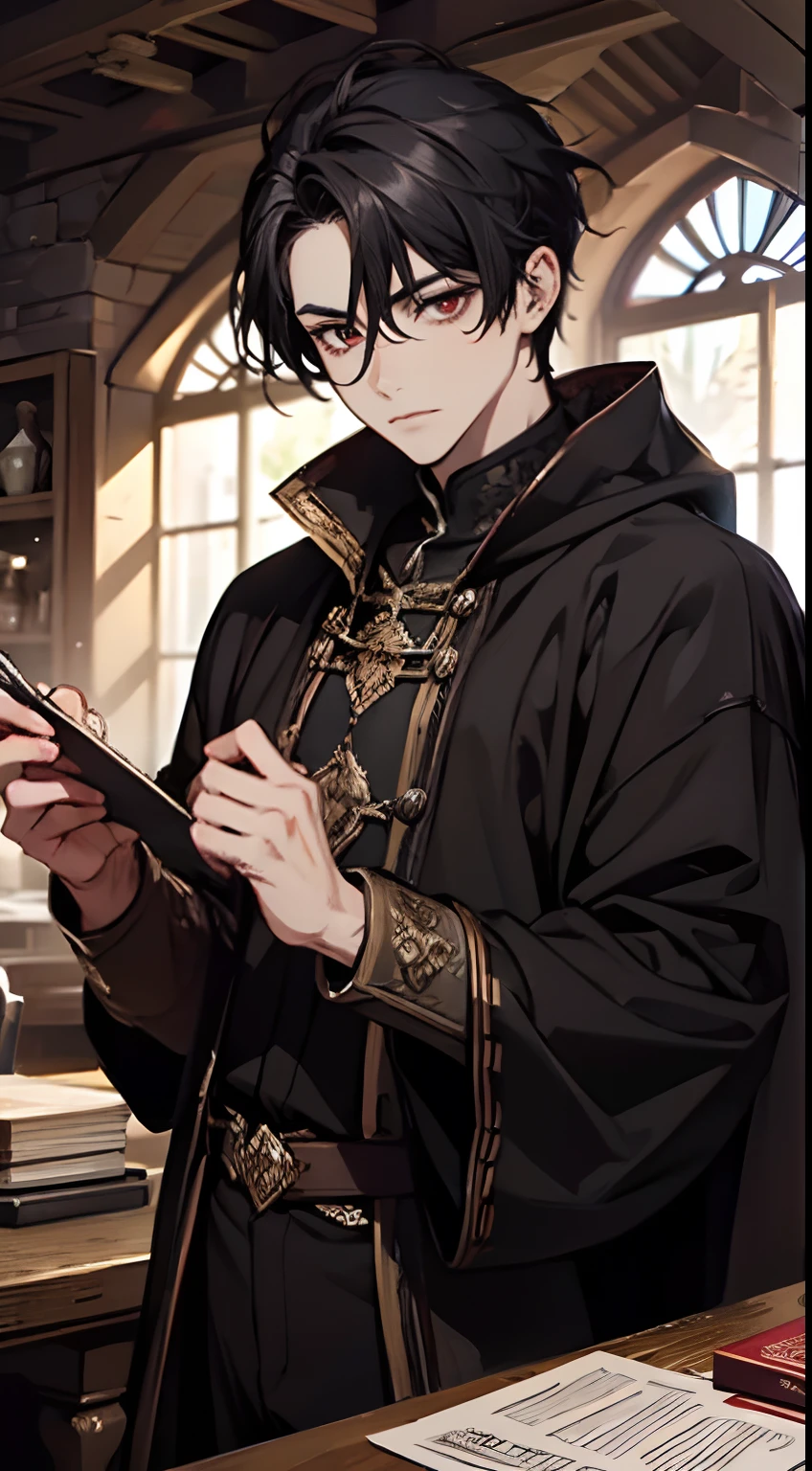 1 boy, short messy black hair, red eyes, adult, handsome, delicate face, dark sorceror, black magic, fantasy, medieval times, calm expression