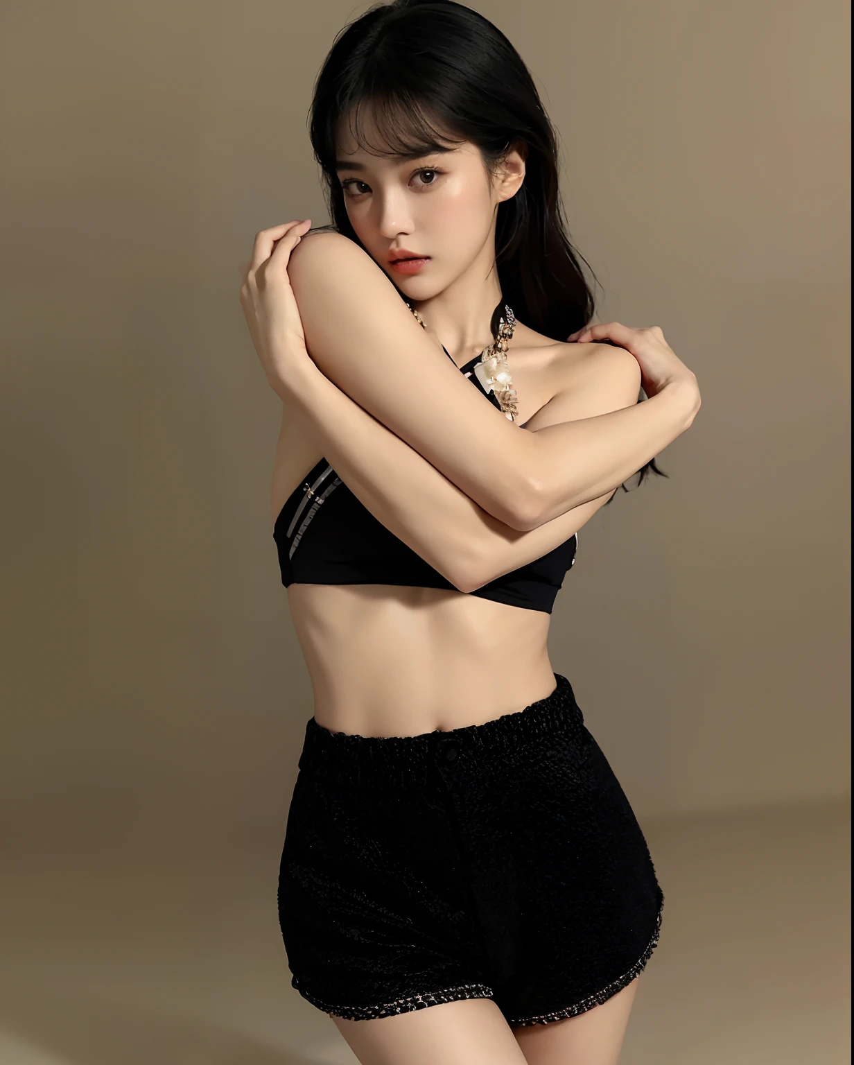 Pilyeon, Solo, 1girl in, Black nails, Jewelry, Short hair, Looking at Viewer, Choker, Necklace, hand on own face, Piercing, White background, heart mark, Closed mouth, grey eyes, nail polish, Simple background, Grey Hair, ear piercings, Black Choker, Smile, Eyelashes, Lips, hands on own cheeks, Bangs, Bracelet, bead, Pedras preciosas, earrings, Fingernails、cowboy shot