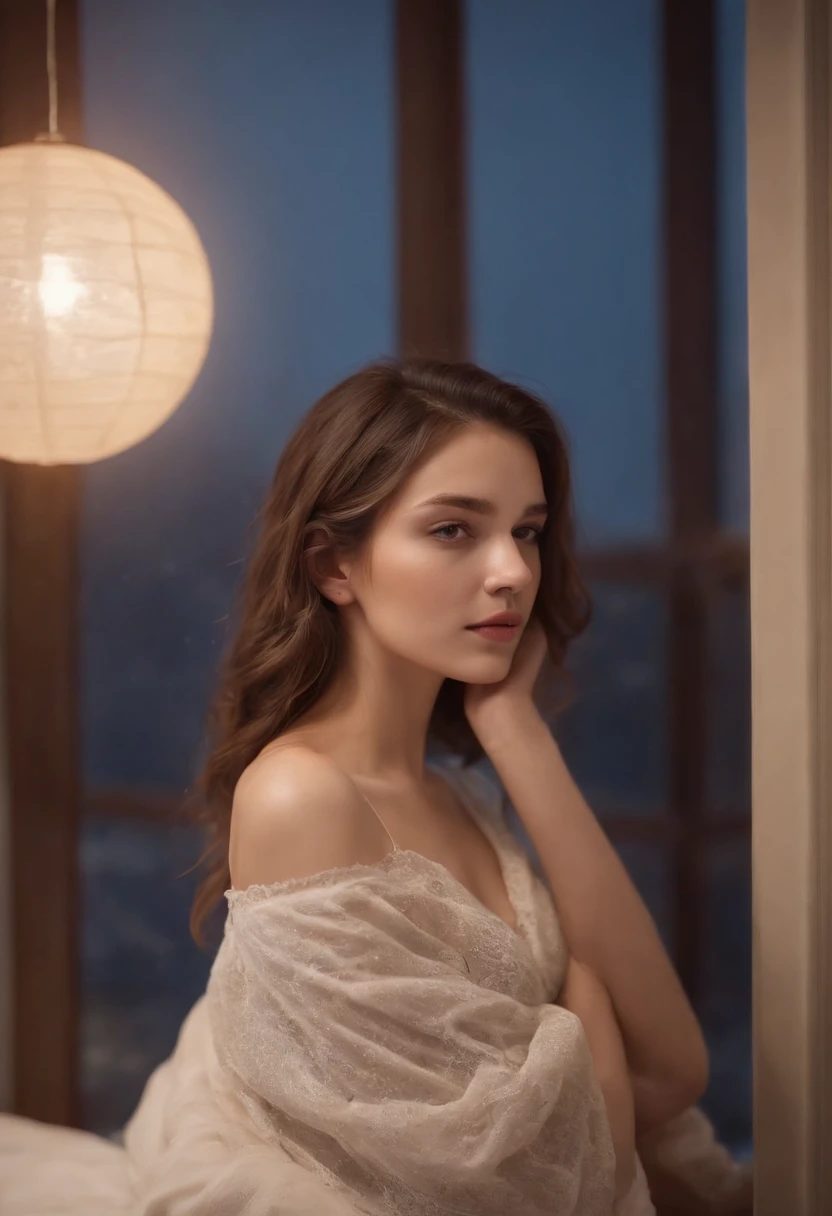 Extremely detailed CG unity 8k wallpaper), ((Photorealistic)),Beautiful Woman,((24yo)),Moonlight window,natta,Sleeping,((Sleeping)),bed,